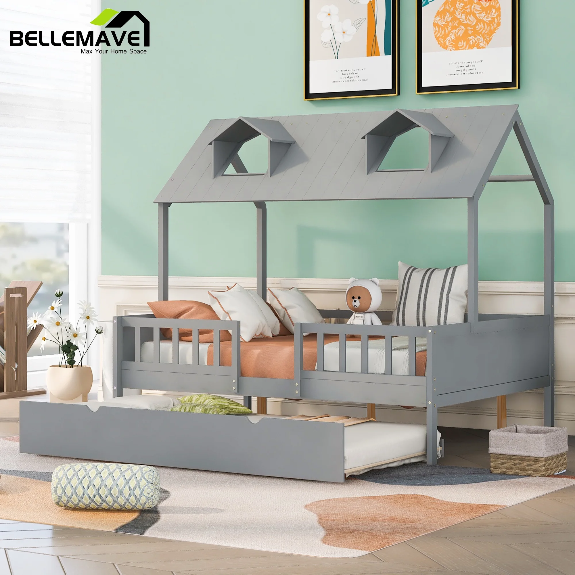 Bellemave Gray Full Size House Platform Bed with Twin Trundle Bed for Kids Child Teen, Wood Frame Full Size Kids Platform Bed with House-shaped Roof for Bedroom Living Room