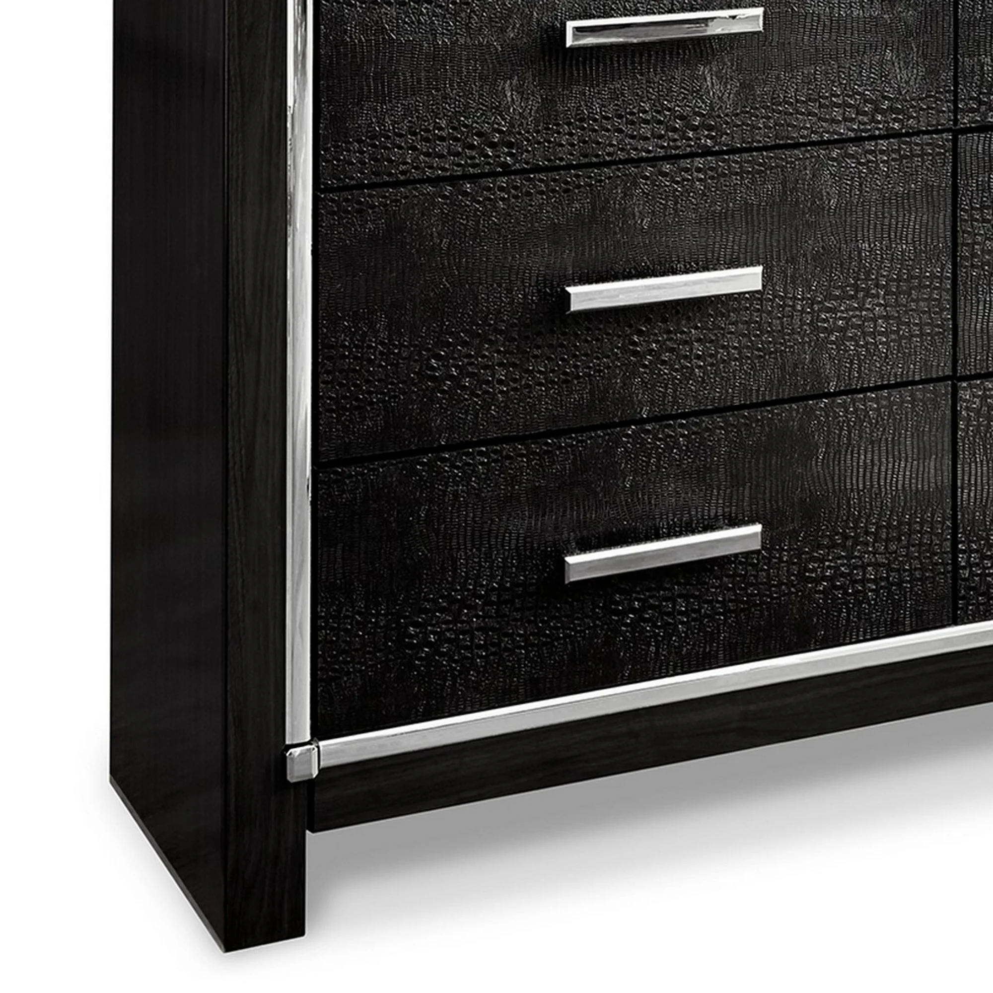 Benjara 61 Inch Modern Wide Dresser, 6 Drawers, Chrome Handles, Textured Black Wood