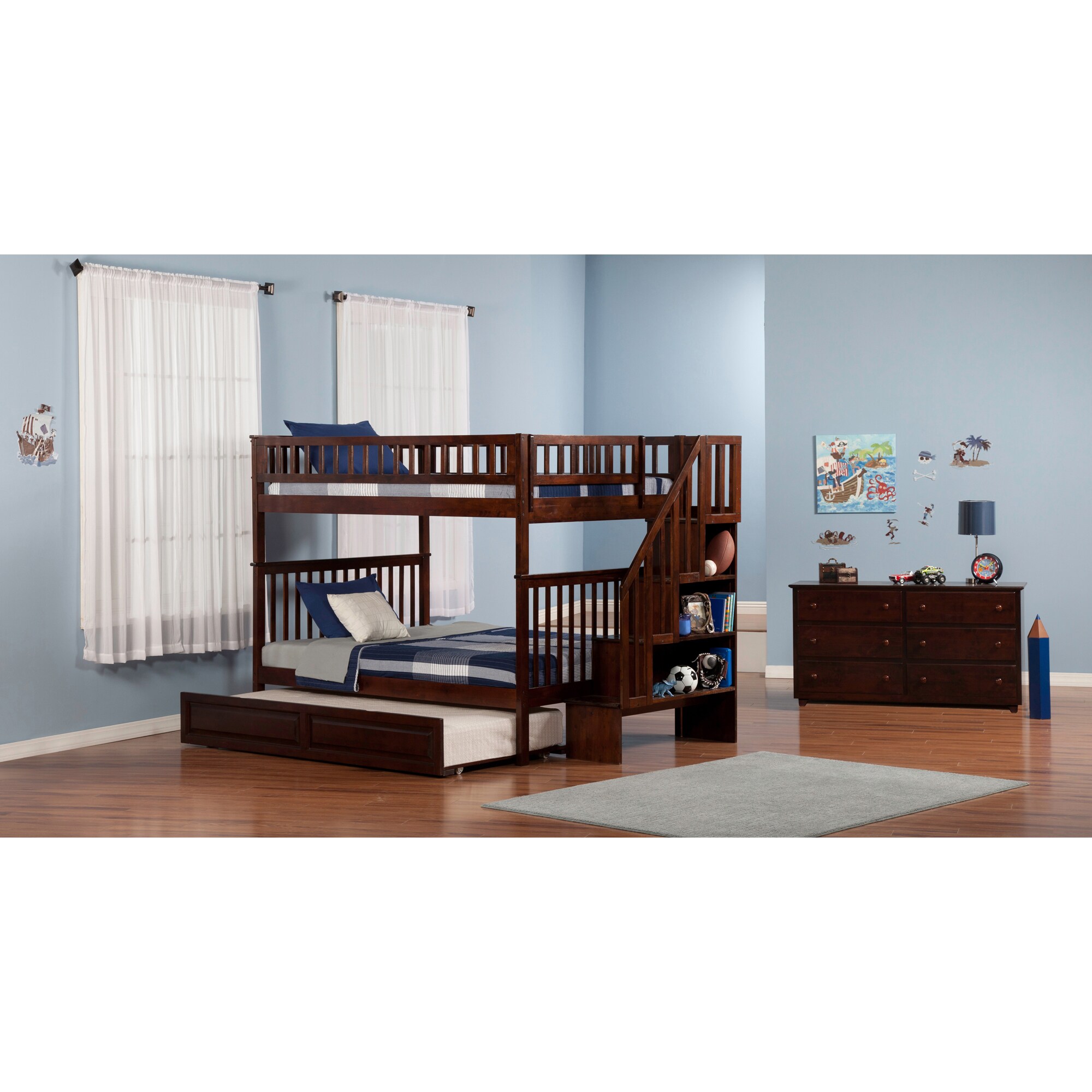 AFI Woodland Staircase Bunk Bed Full over Full with Twin Trundle in Walnut
