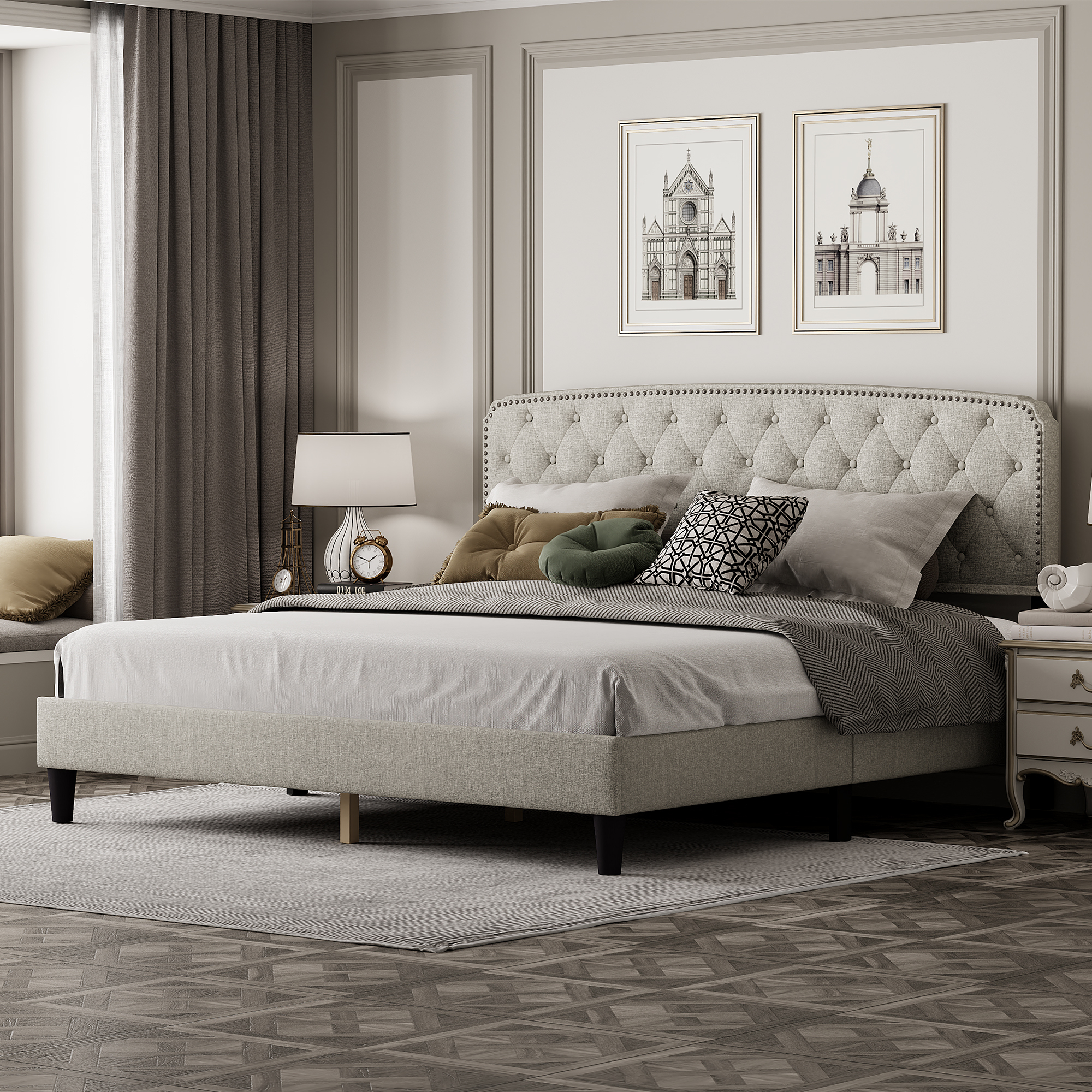 Cream White King Size Adjustable Headboard with Linen Upholstery and Button Tufting, Wave Top Design