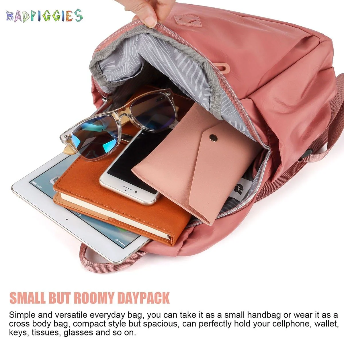 BadPiggies Casual Small Backpack Waterproof Nylon Purse Lightweight Travel Bag Daypack for Women Girls (Pink)