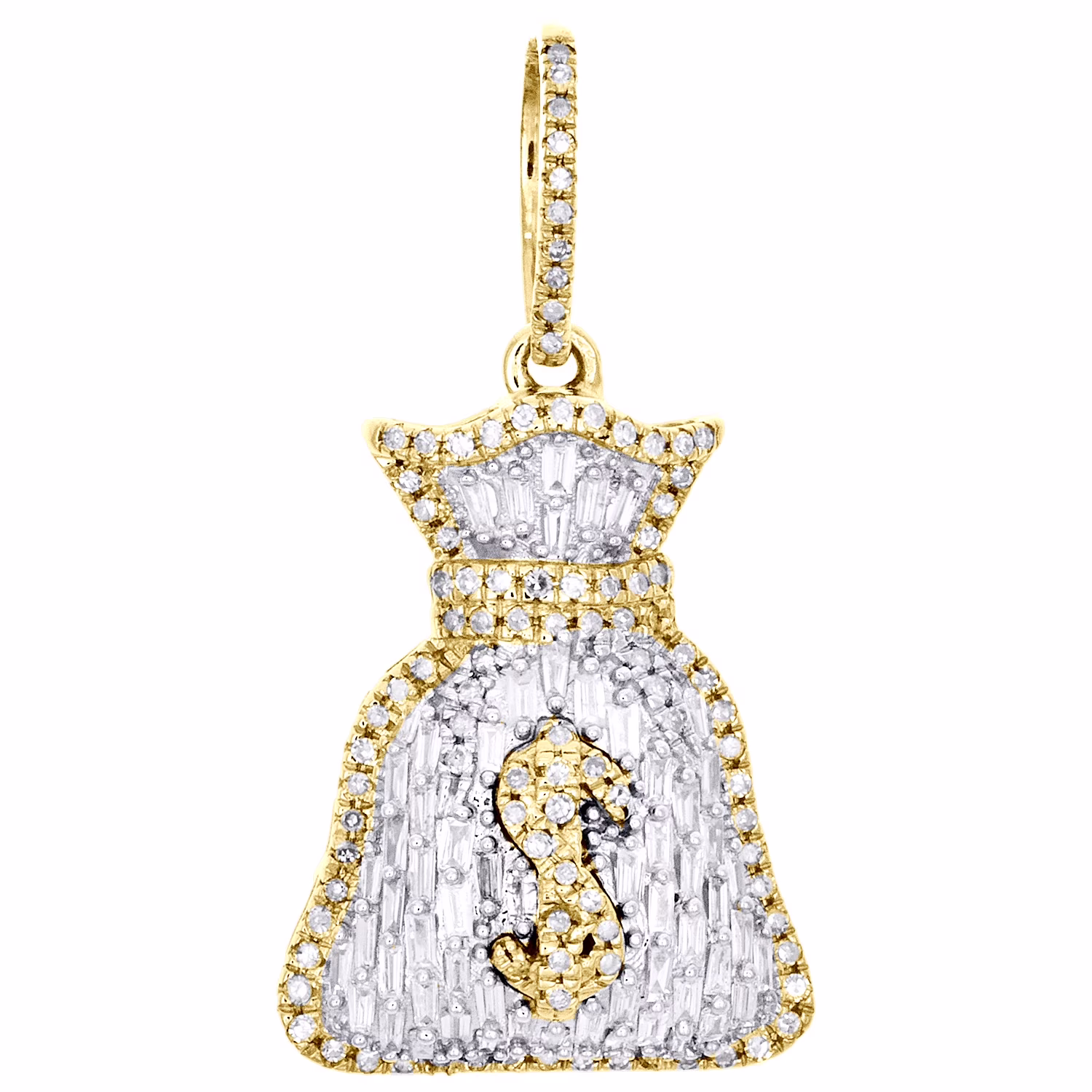 10K Yellow Gold Round & Baguette Diamond Money Bag Pendant 1.25