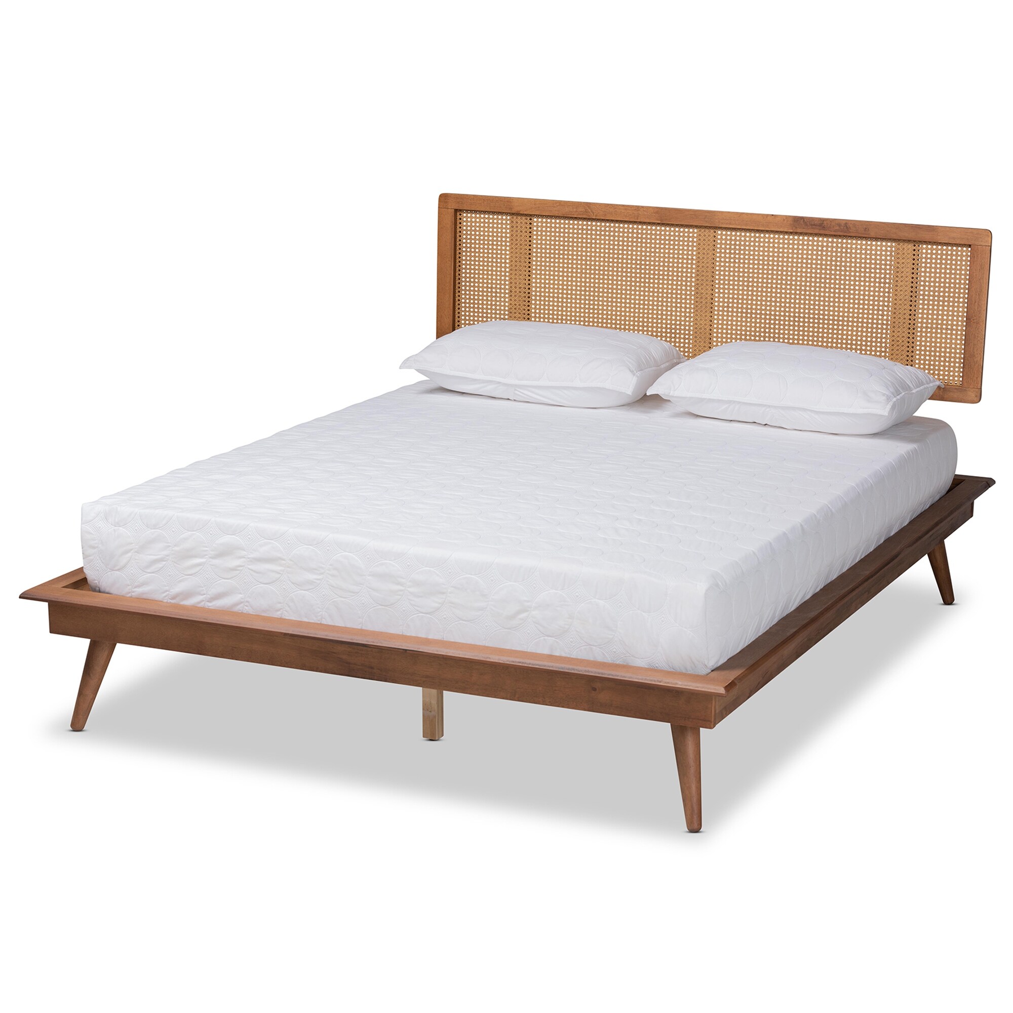 Baxton Studio Nura Mid-Century Walnut Brown Wood and Rattan Platform Bed - Full Full