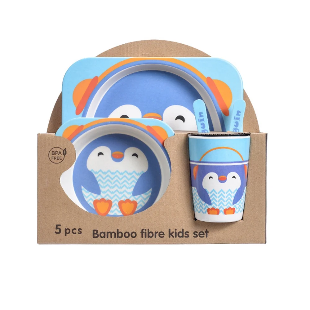 5Pcs/Set Bamboo Kids Dinnerware Set - Children Dishes - BPA Free Food Plate Bowl Cup Spoon Fork Set Dishware, Cartoon Tableware - Penguin