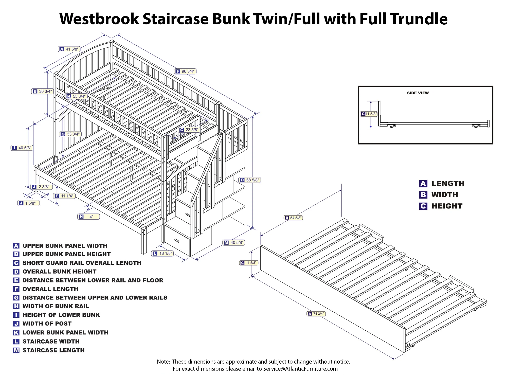 Westbrook Staircase Bunk Twin over Full with Full Size Urban Trundle Bed in White