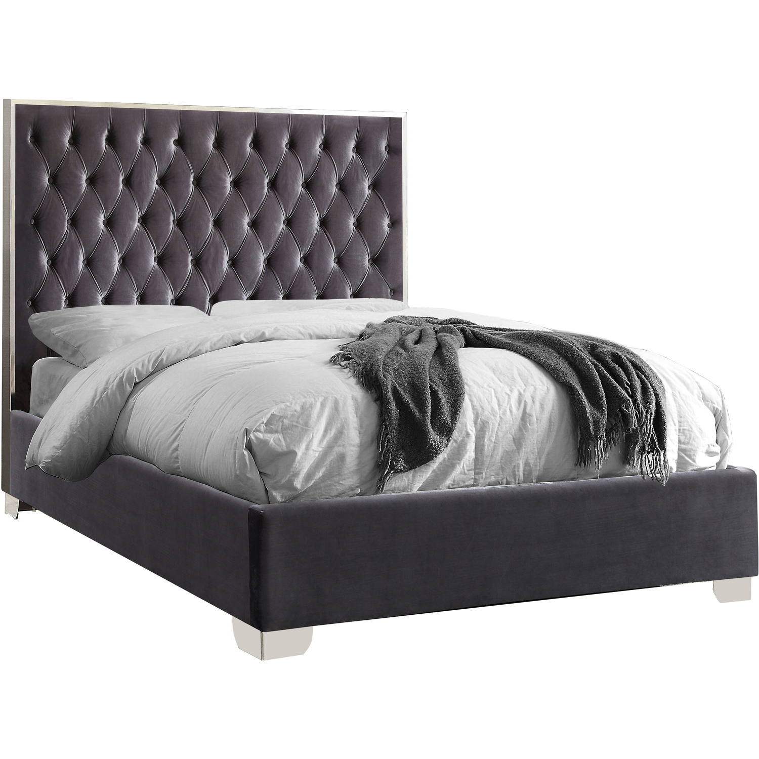 Homestock Global Glam Grey Velvet Queen Bed