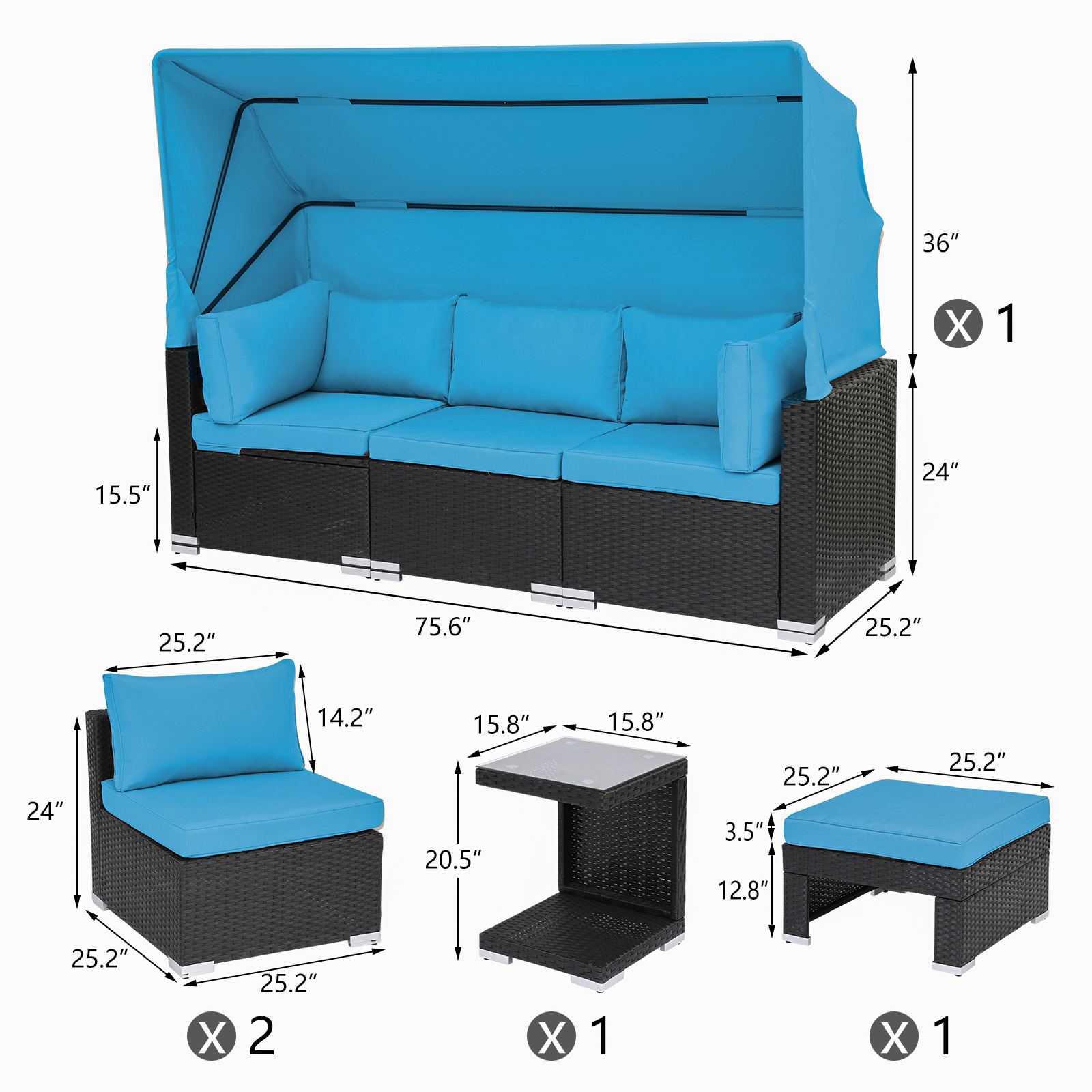 Magic Union 7 Piece Outdoor Sectional Sofa Set Patio Rattan Daybed with Retractable Canopy, Blue