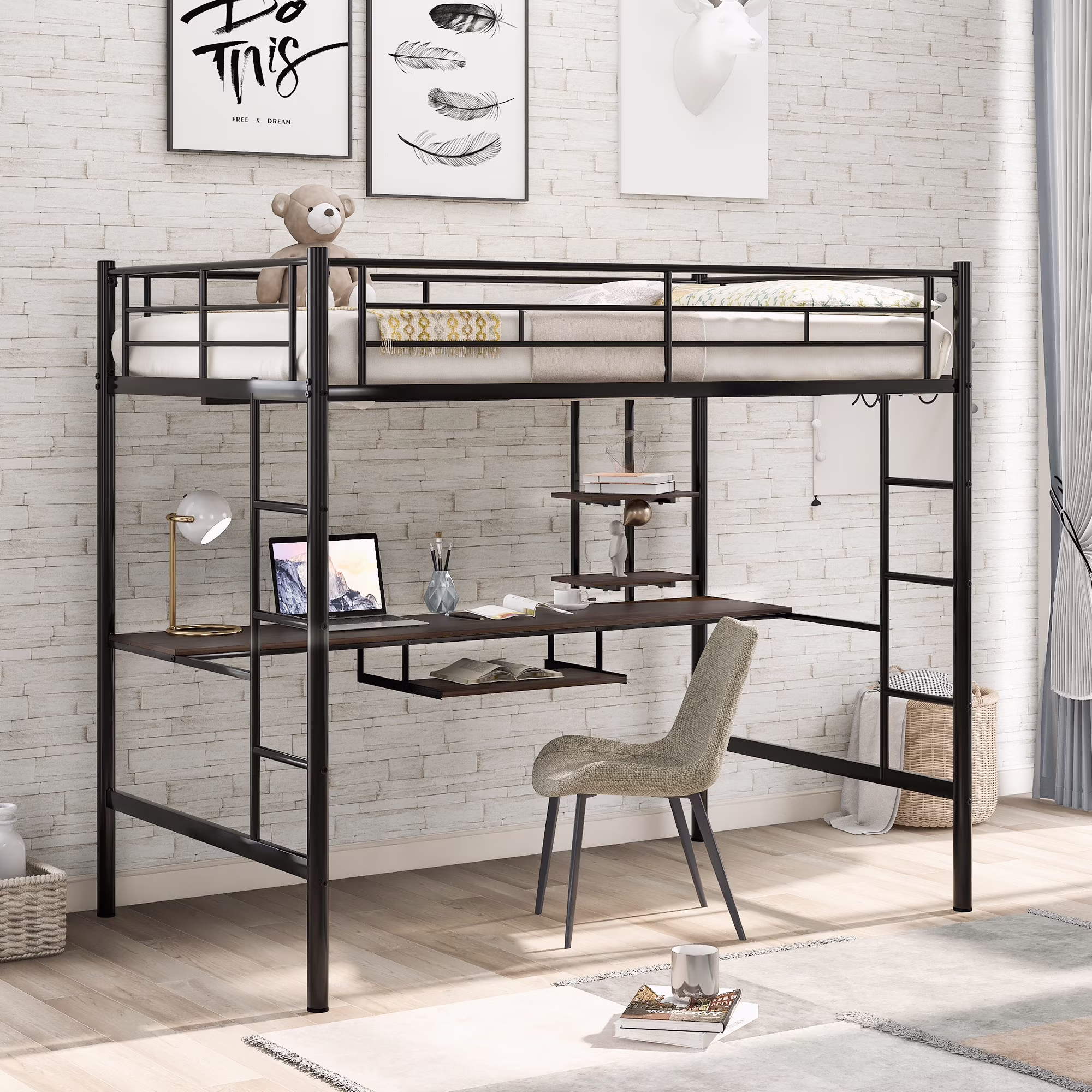 CoSoTower Loft Bed With Desk And Shelf, Space Saving Design, Full, Black