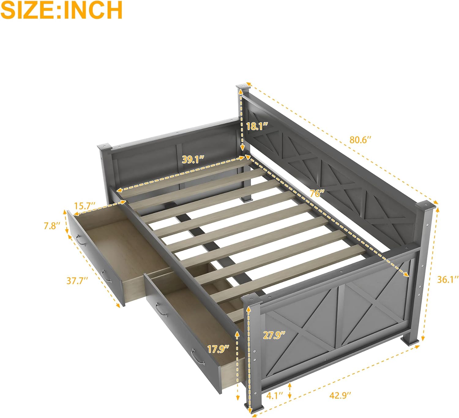 Daybed Frame With Drawer, Wood Daybed With Storage Drawers, Captain Sofa Bed For Kids(Grey)