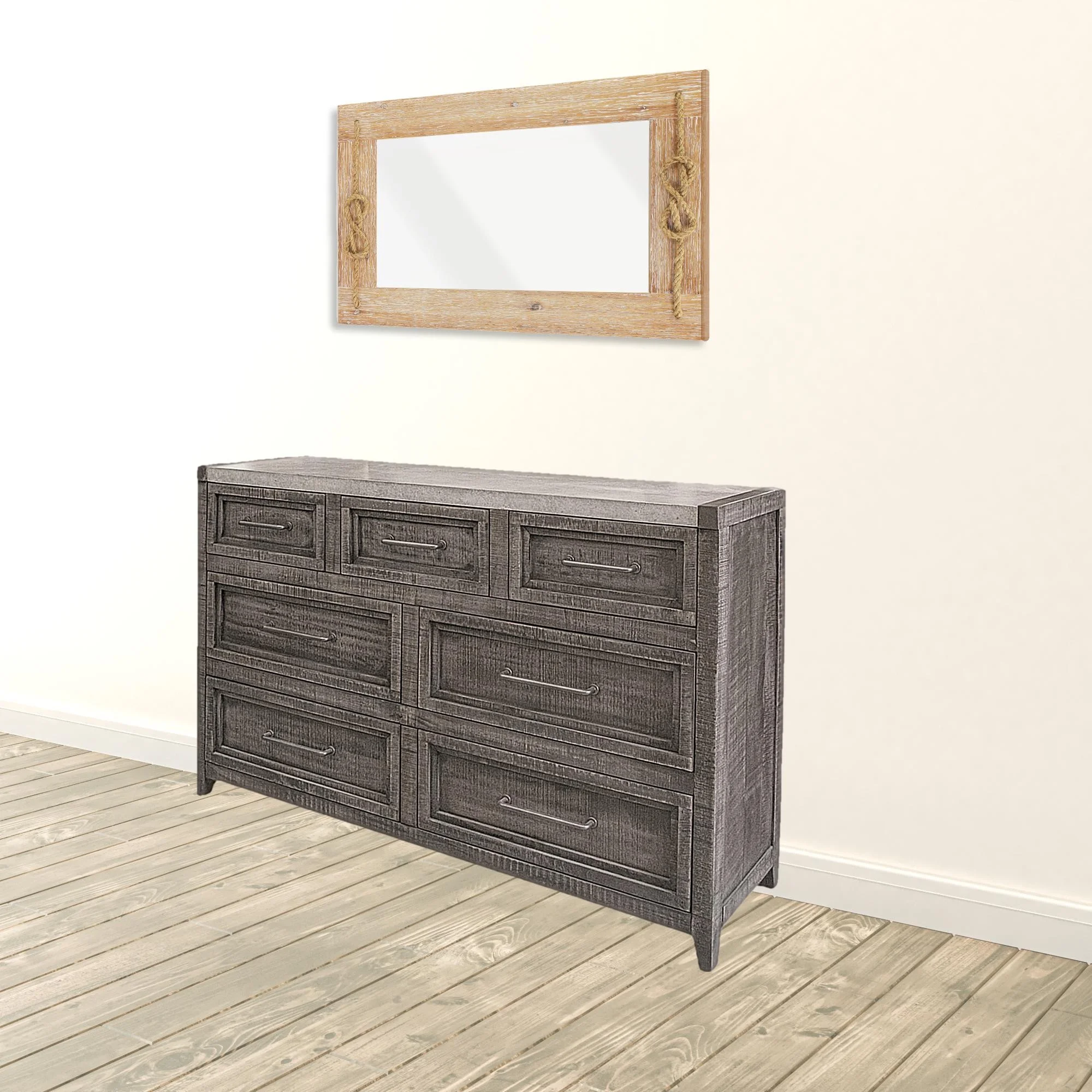 HomeRoots 524546 62 in. Gray Solid Wood Seven Drawer Triple Dresser