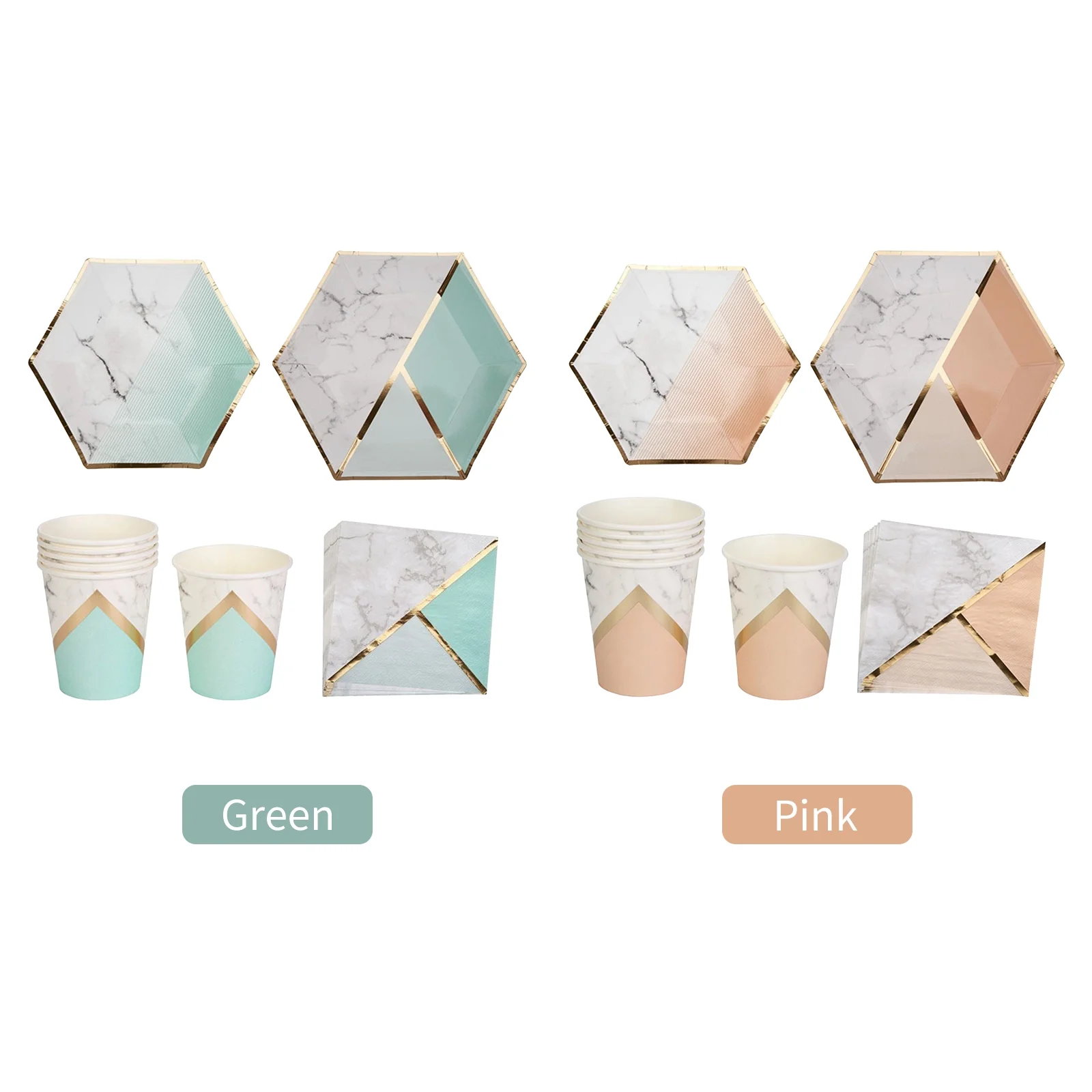 Arealer Disposable Tableware Set for 8 Guests Marble Pattern Disposable Paper Dinnerware Hexagon Plates Cups Napkins for Birthday Weddings Celebrations Party