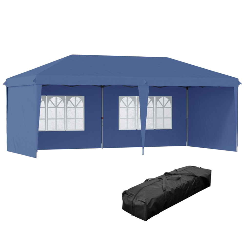 10' x 20' Blue Pop-Up Canopy Party Tent with 4 Sidewalls - Shade for 18, UV Protection, Adjustable Height, Easy Transport