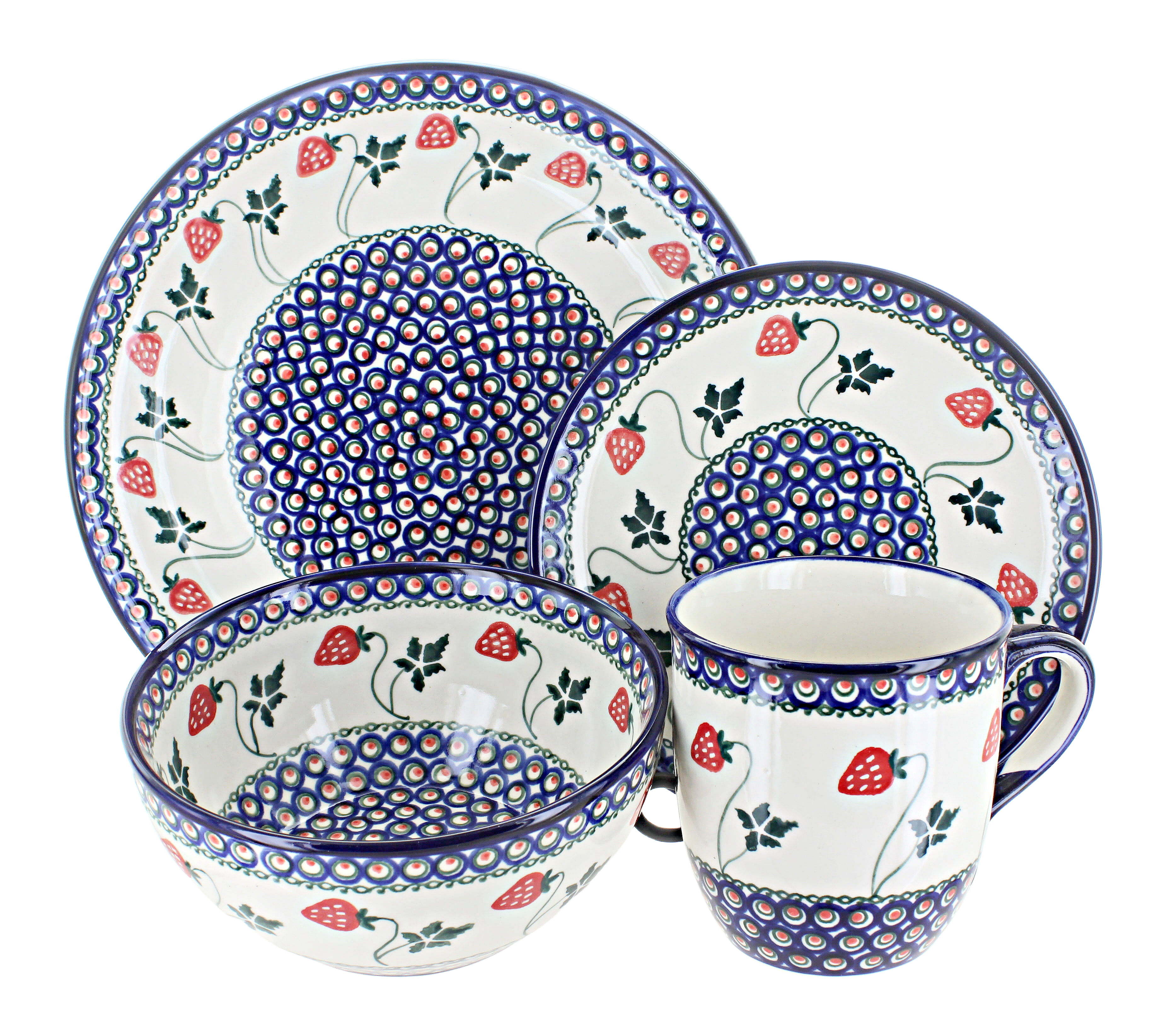 Blue Rose Polish Pottery Strawberry Delight 16 Piece Dinnerware Set