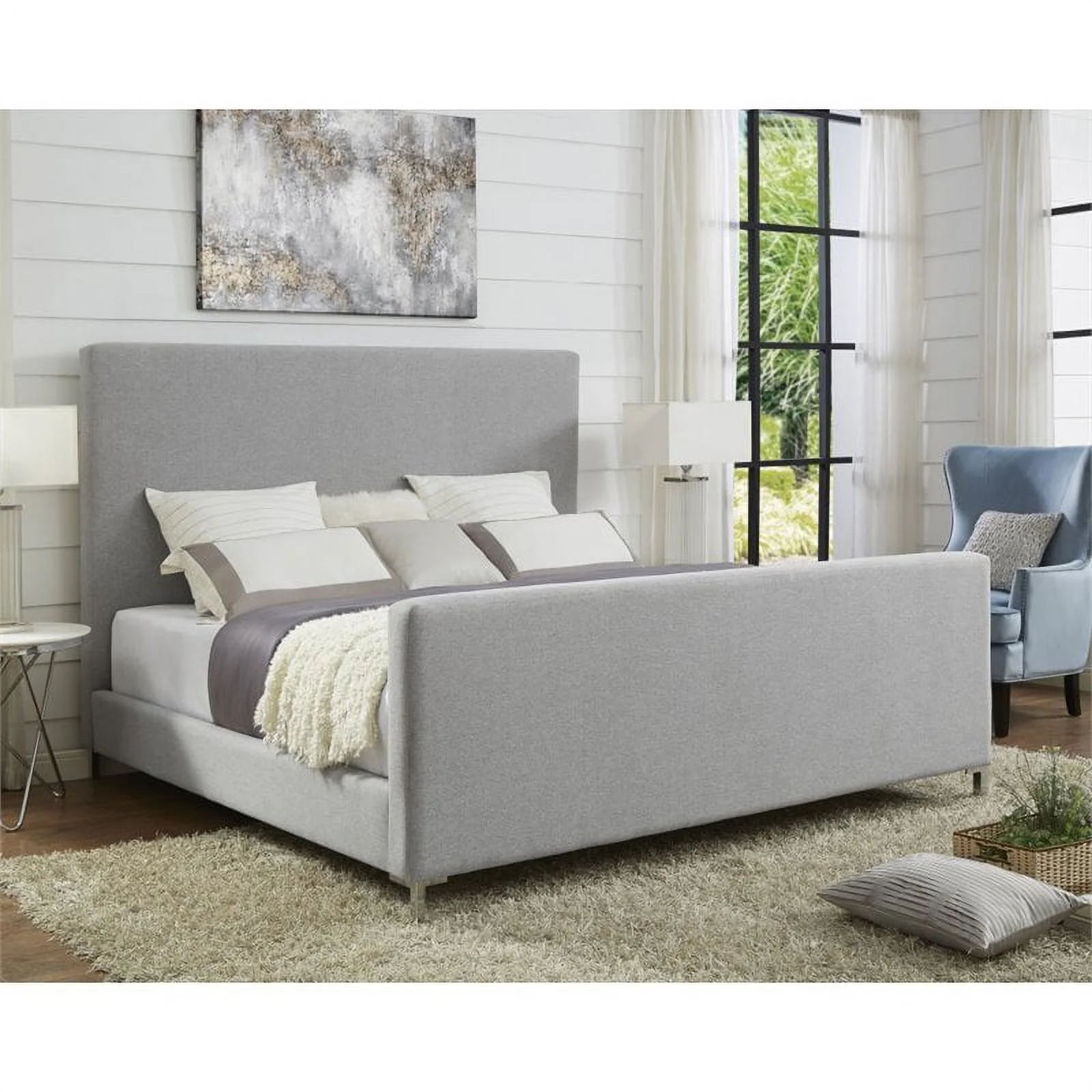 Posh Living Alex Linen Fabric Upholstered Platform Queen Bed Frame in Gray
