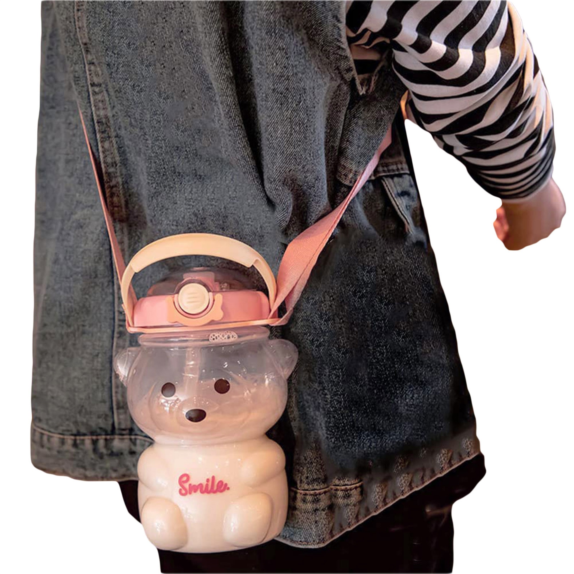 Sunisery 1000ml Bear Straw Bottle Bear Shape Large Capacity Leakproof Water Jug with Shoulder Strap