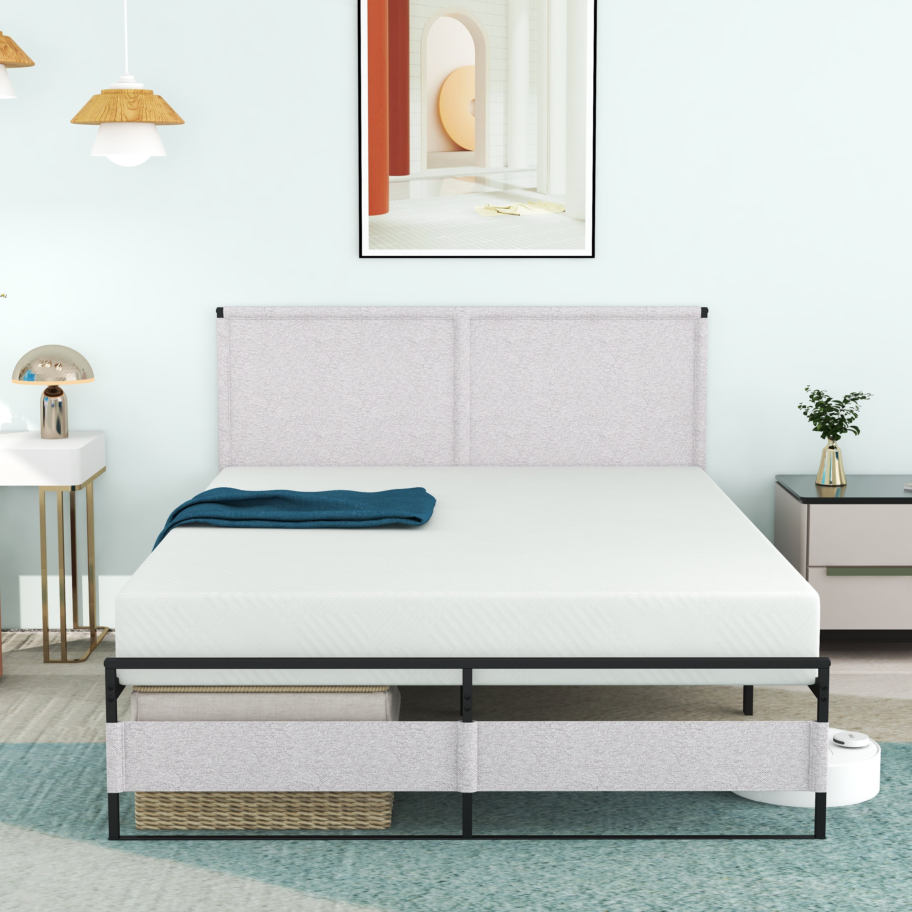 King Size Bed Frame with Headboard and Footboard, 14 inch Platform  Bed Frame, Quick Install, Grey