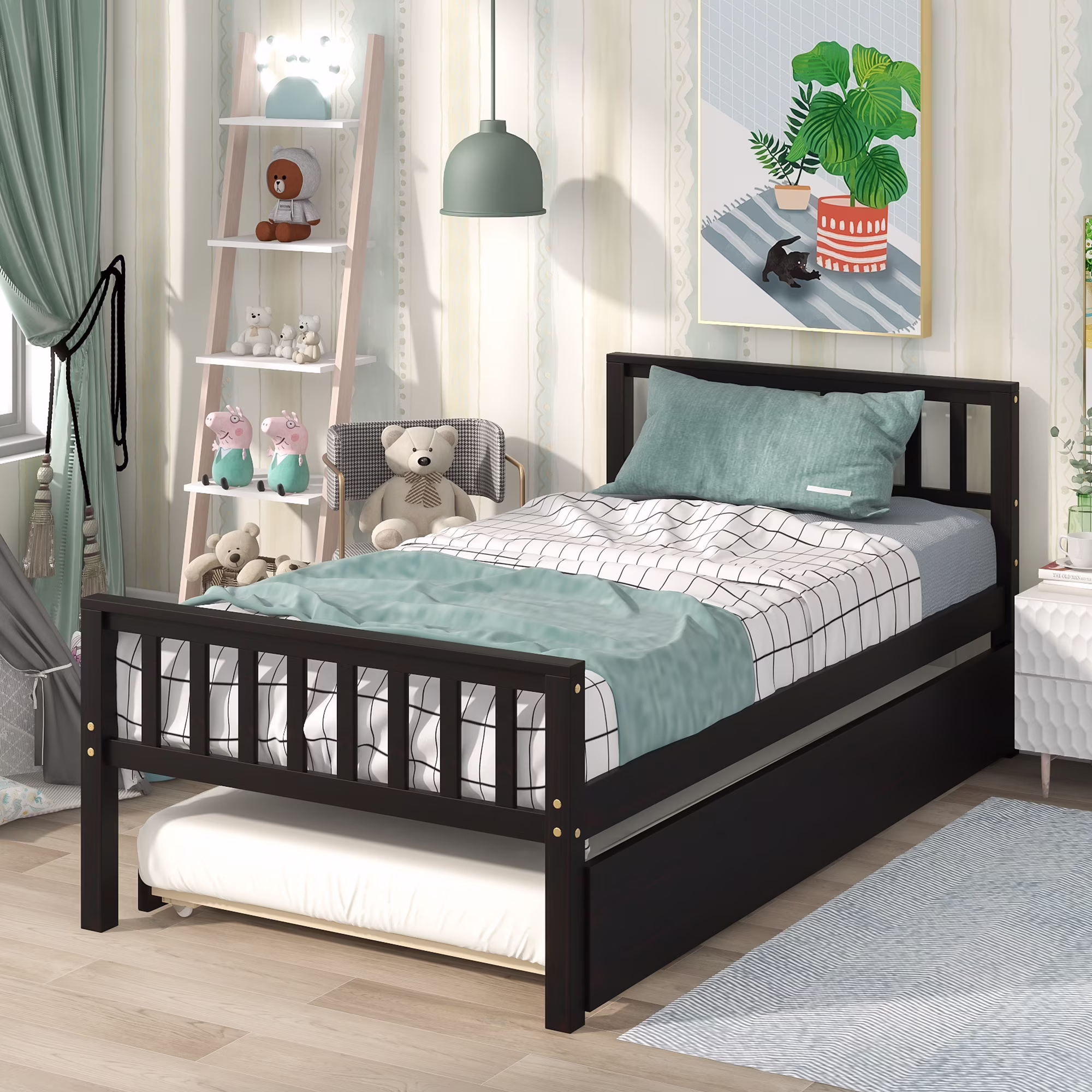 uhomepro Twin Bed Frame with Trundle, Solid Pine Wood Kids Twin Platform Bed Frame with Headboard and Footboard, No Box Spring Required, Espresso