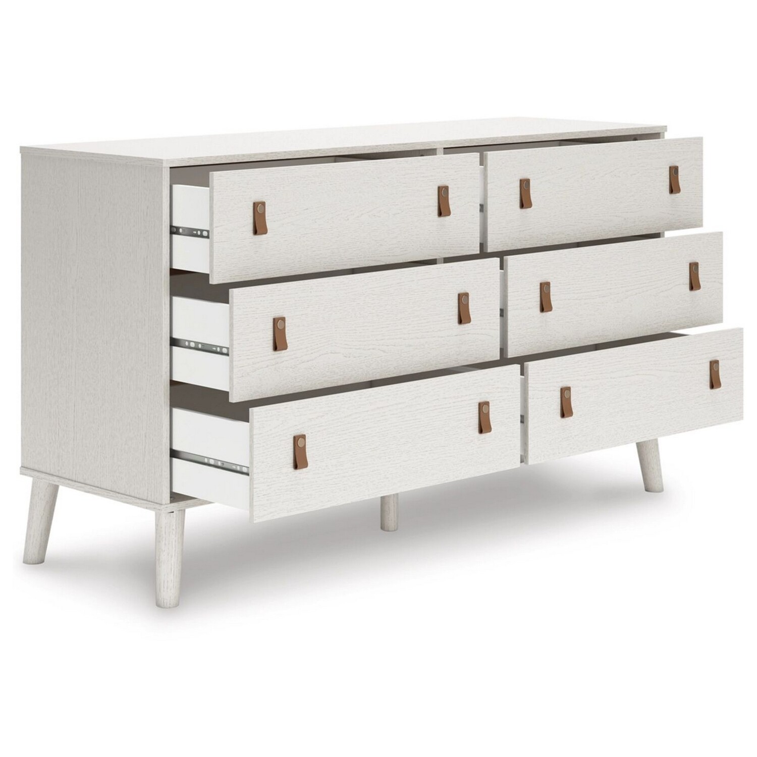 Benjara BM306605 59 in. Nina Brown Faux Leather Handles 6 Drawer Wide Dresser, White