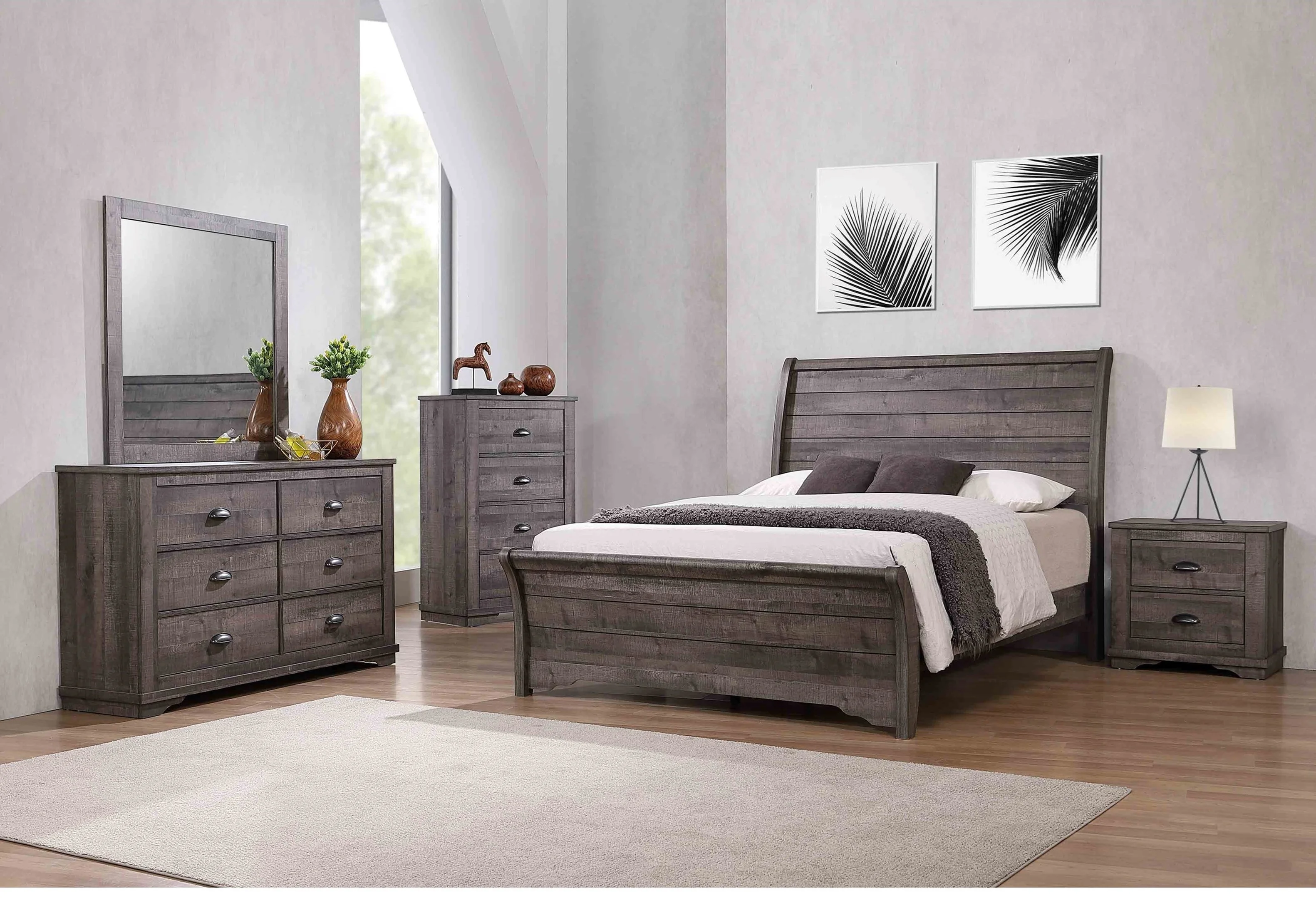 Traditional Rustic Style 4pc King Size Bed Dresser Mirror Nightstand Set Bedroom Wooden Furniture Gray Finish