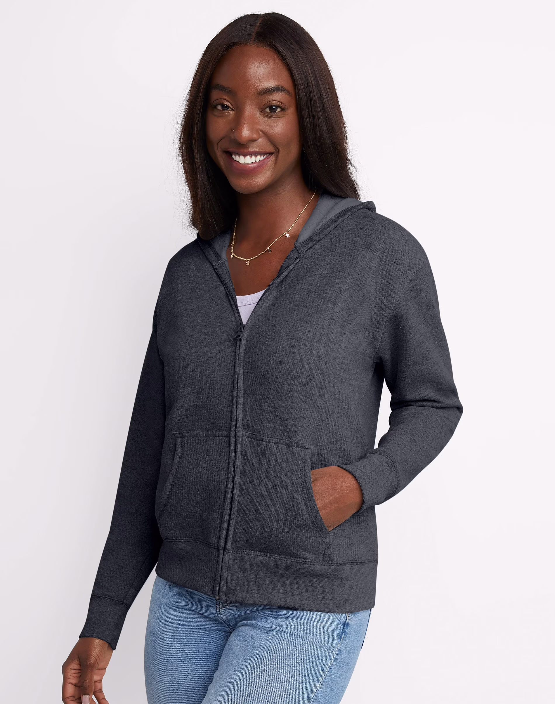 Hanes EcoSmart Women’s Fleece Zip Hoodie Slate Heather L
