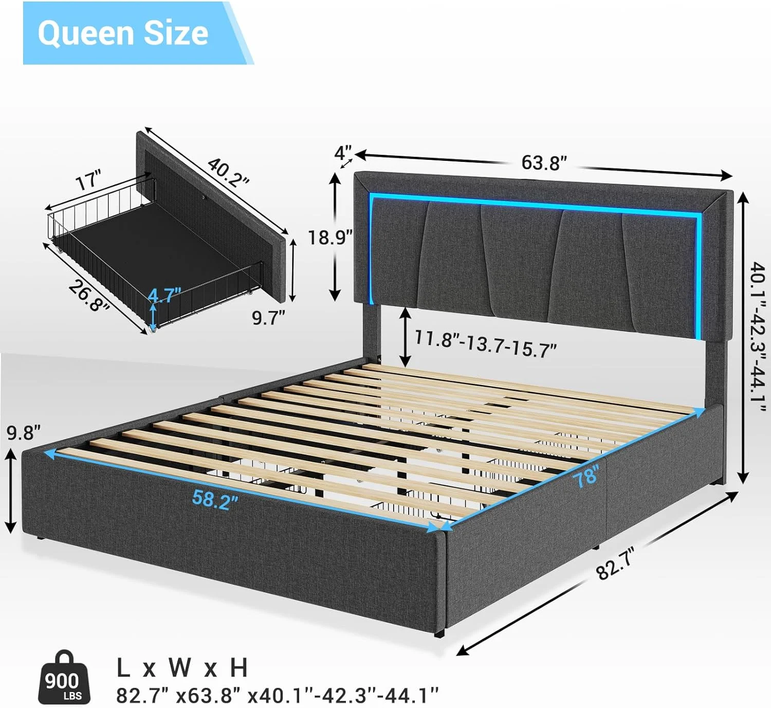 Queen Bed Frame with LED Headboard Modern Upholstered Platform Bed Frame with 4 Storage Drawers & USB and Type-C Ports,Linen Fabric Bed Frame for Bedroom,Dark Gray