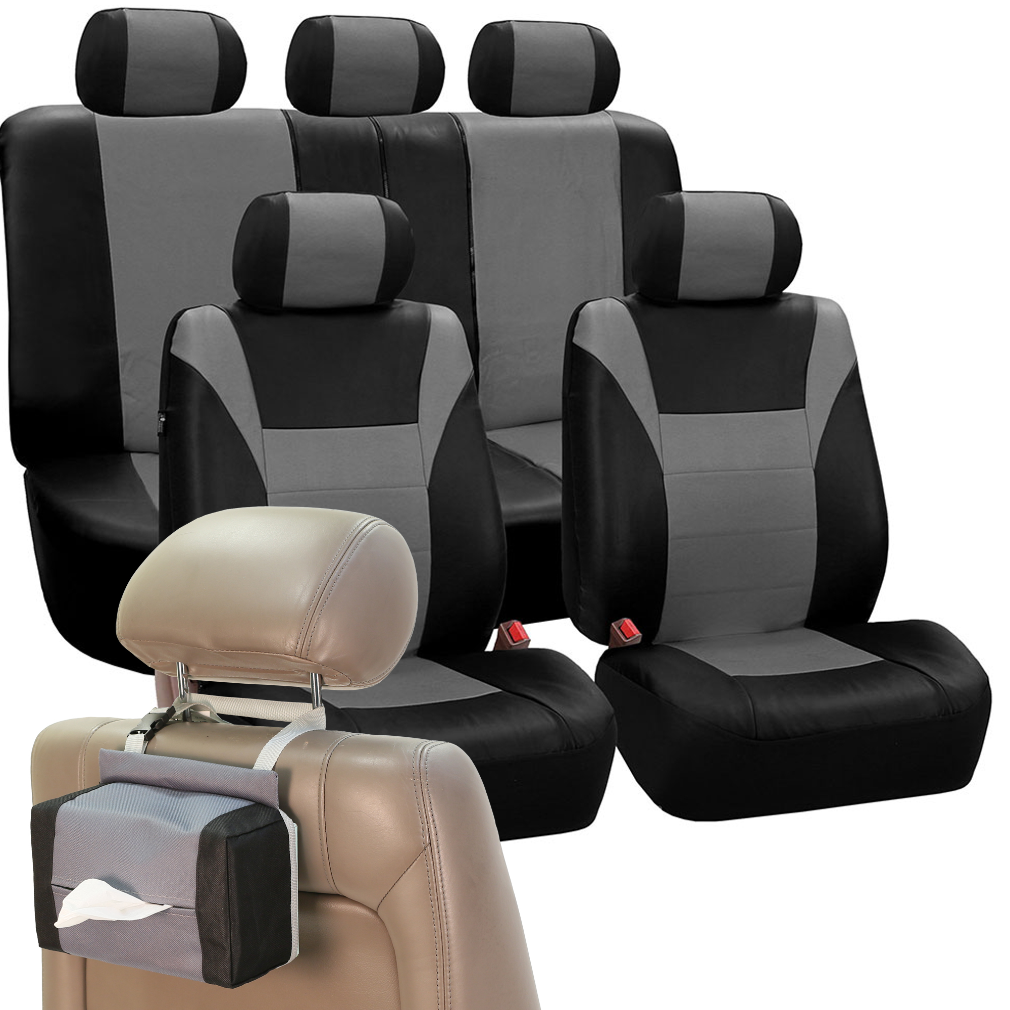 FH Group PU Leather Racing Car Seat Covers for Auto, Airbag Compatible Split Bench Full Set with Tissue Dispenser, Gray