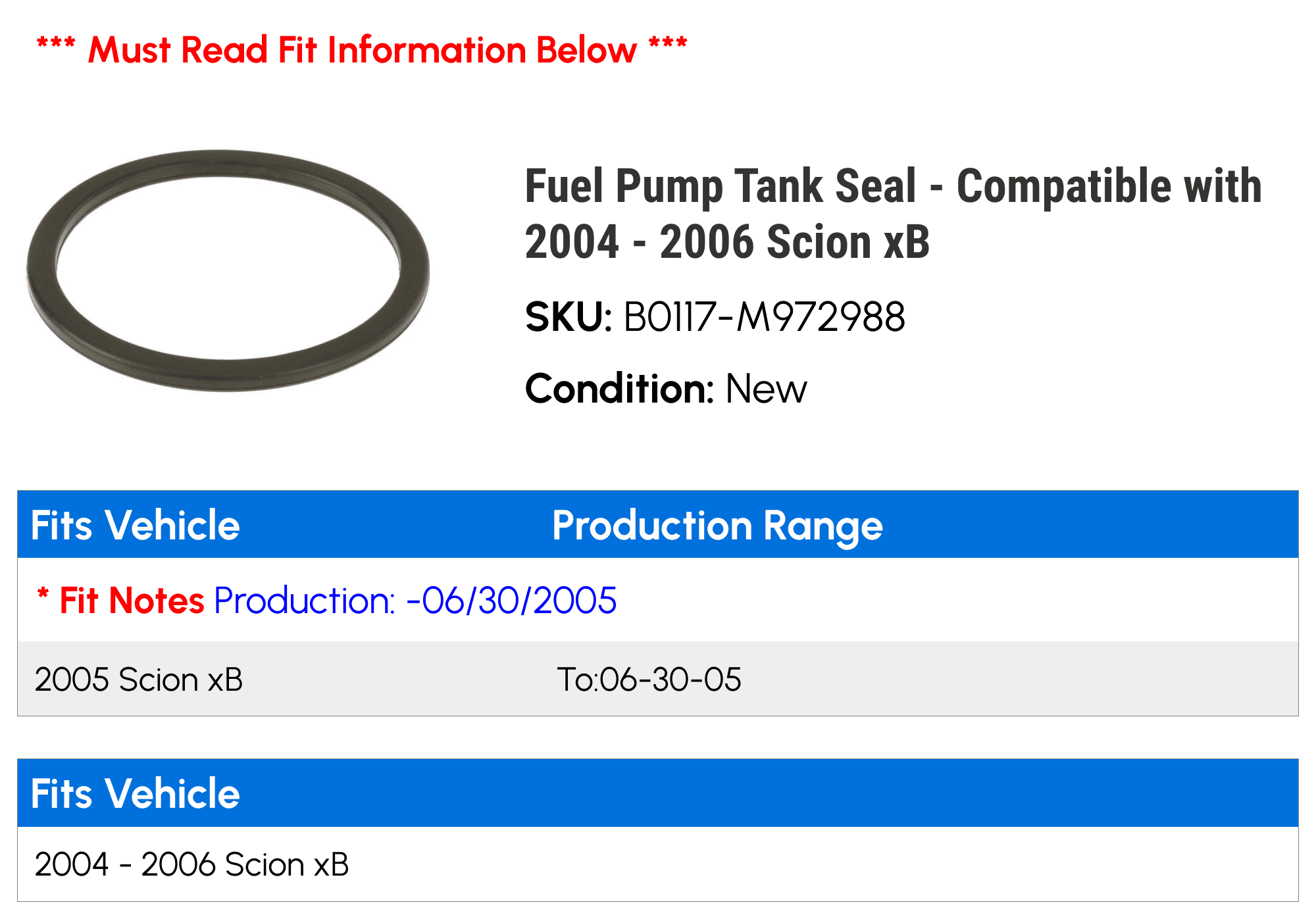 Fuel Pump Tank Seal - Compatible with 2004 - 2006 Scion xB 2005