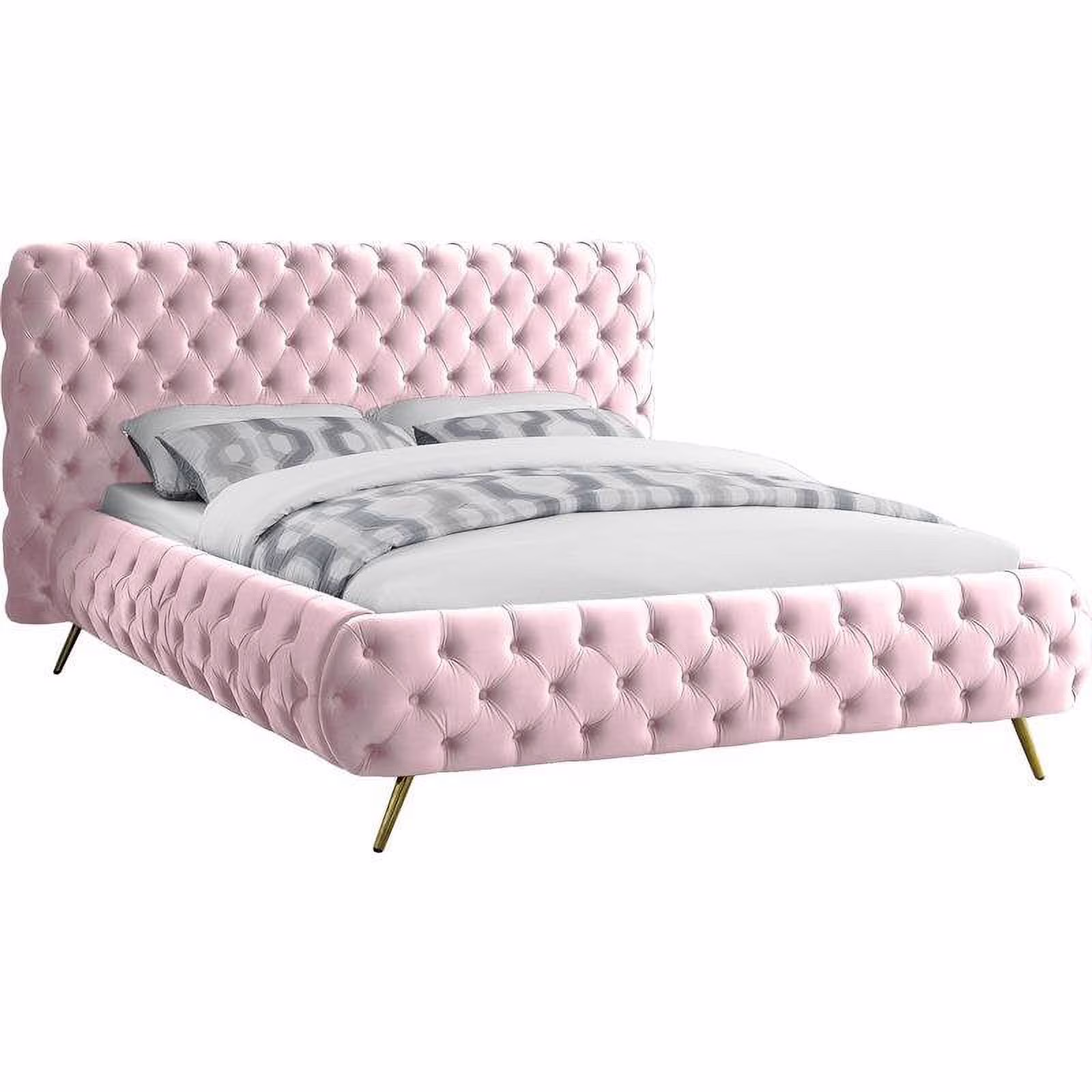 Meridian Furniture Delano Solid Wood Tufted Velvet Queen Bed in Pink