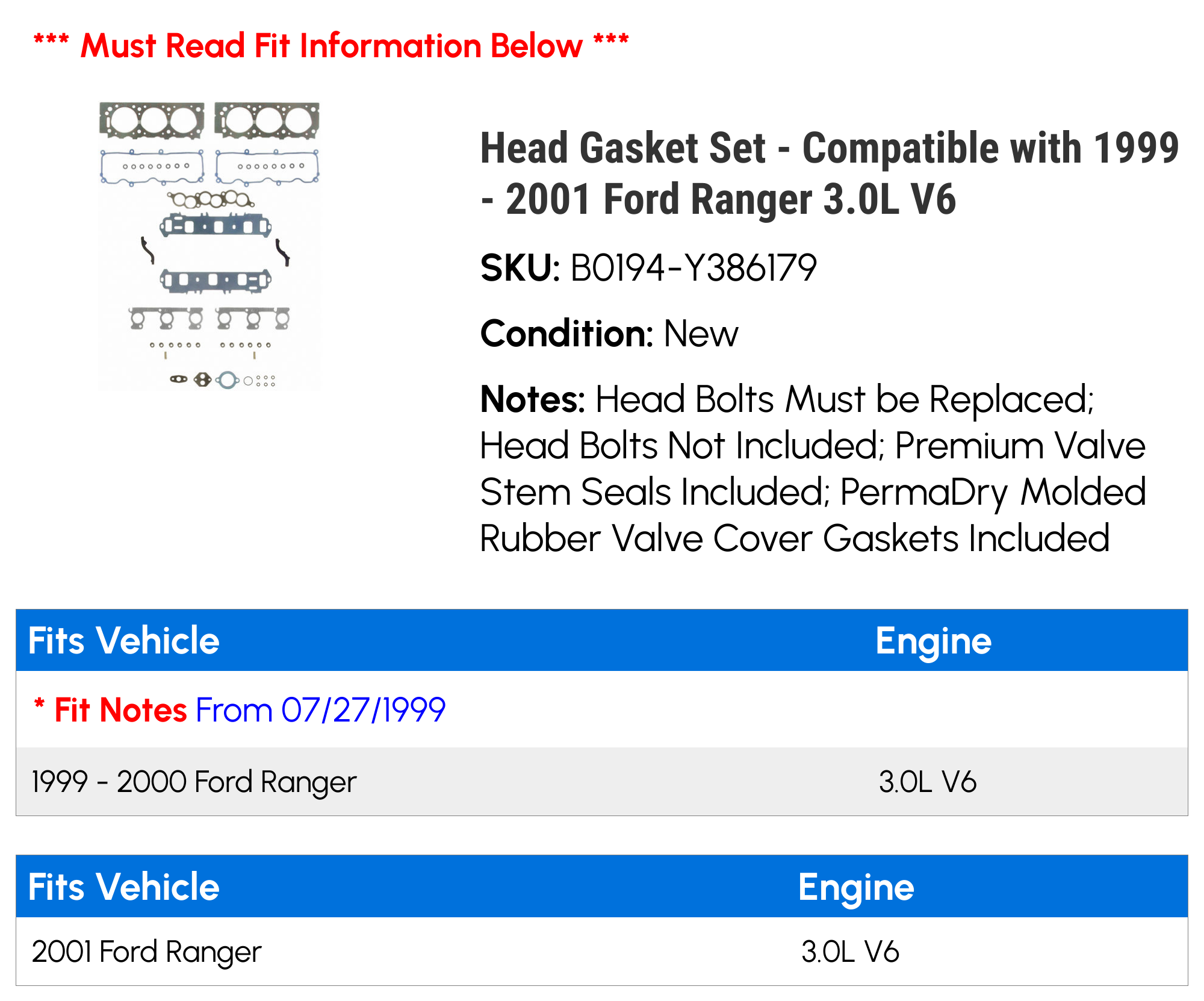 Head Gasket Set - Compatible with 1999 - 2001 Ford Ranger 3.0L V6 2000
