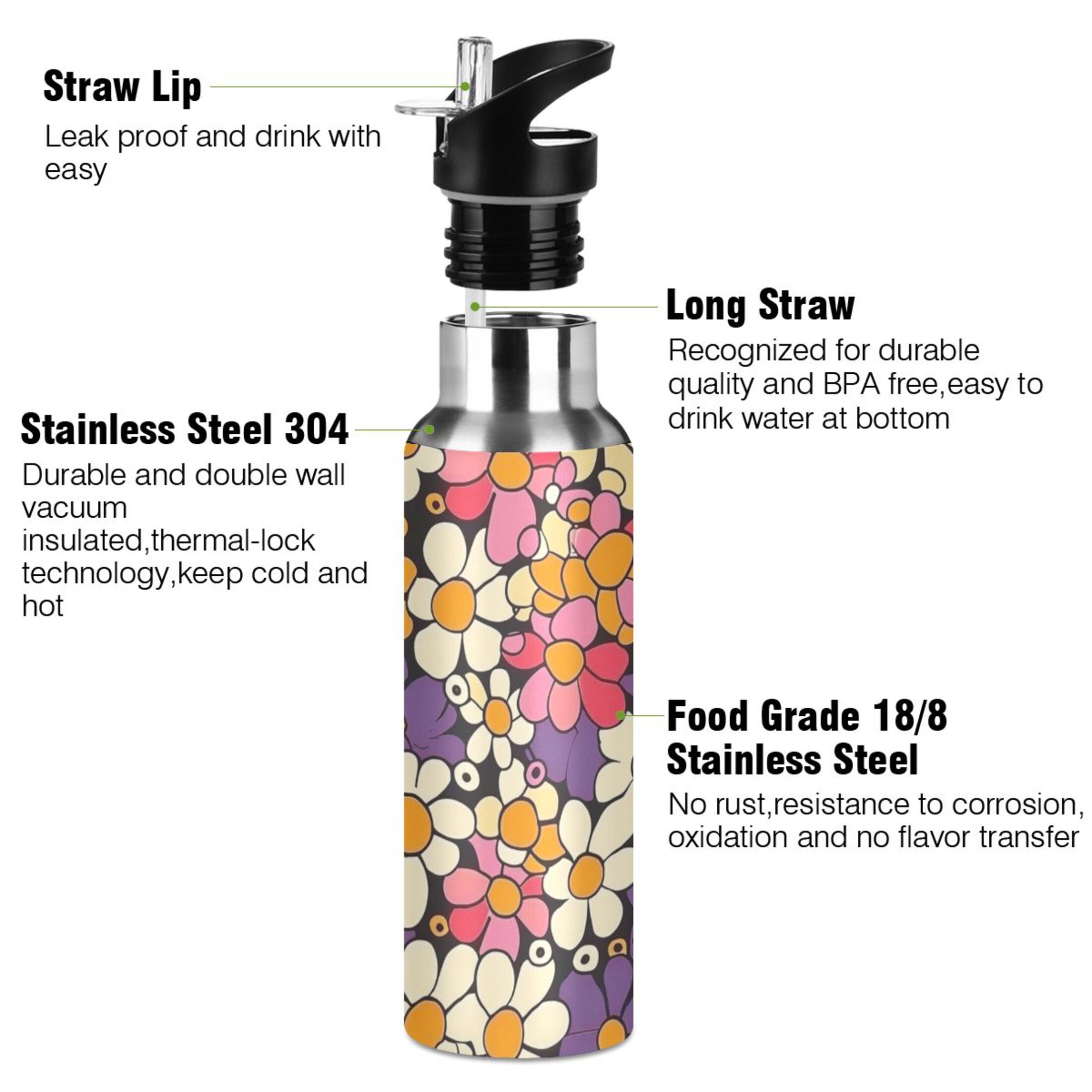 Purple Floral Water Bottles Insulated Thermos Kids Stainless Steel Bottle with Straw Lid Flask Leakproof for Sports Gym 20 oz