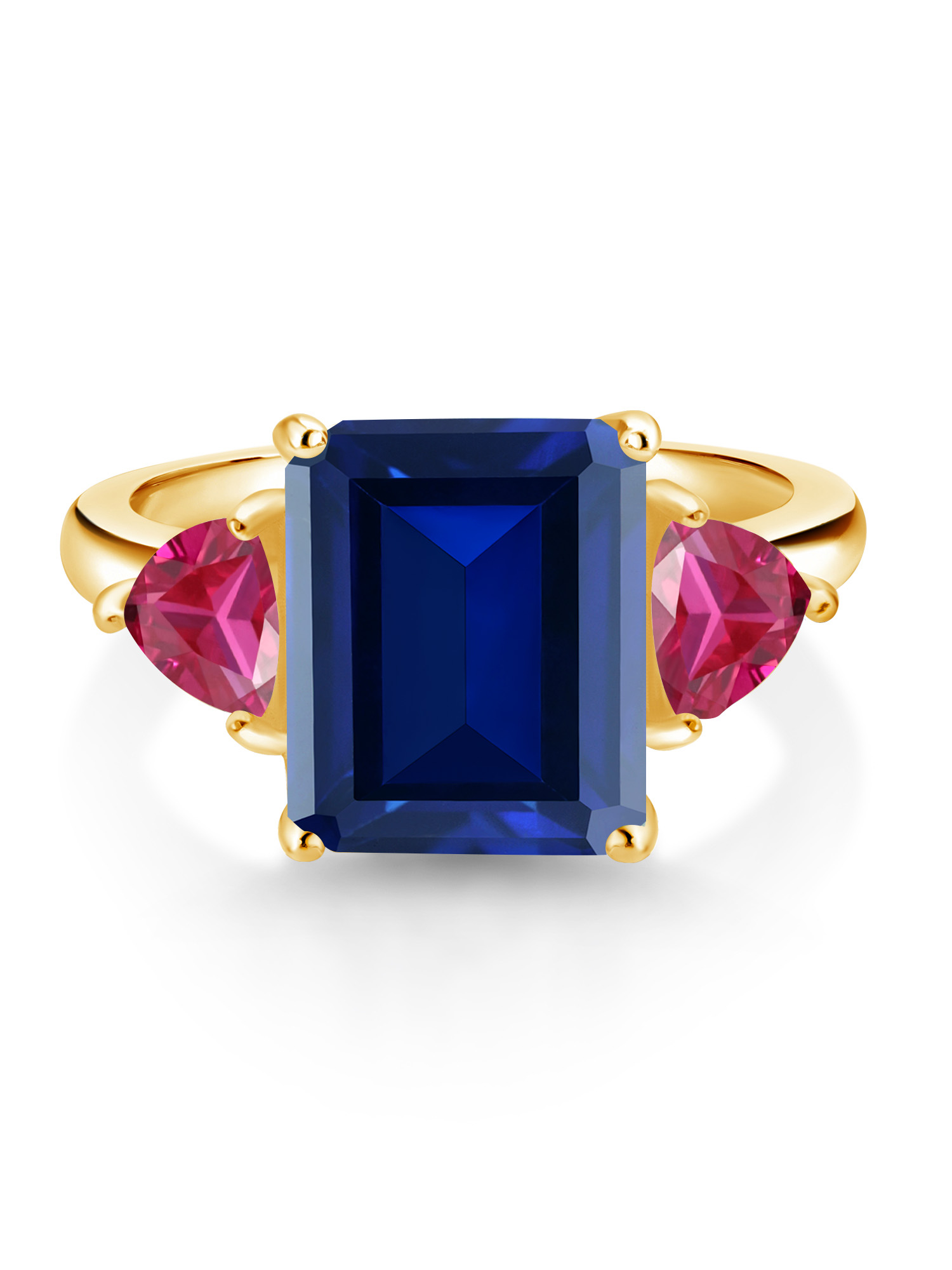Gem Stone King 18K Yellow Gold Plated Silver Simulated Sapphire and Created Ruby 3 Stone Ring For Women (7.56 Cttw, Octagon 12X10MM, Trillion 5X5MM, Gemstone September Birthstone, Size 9)