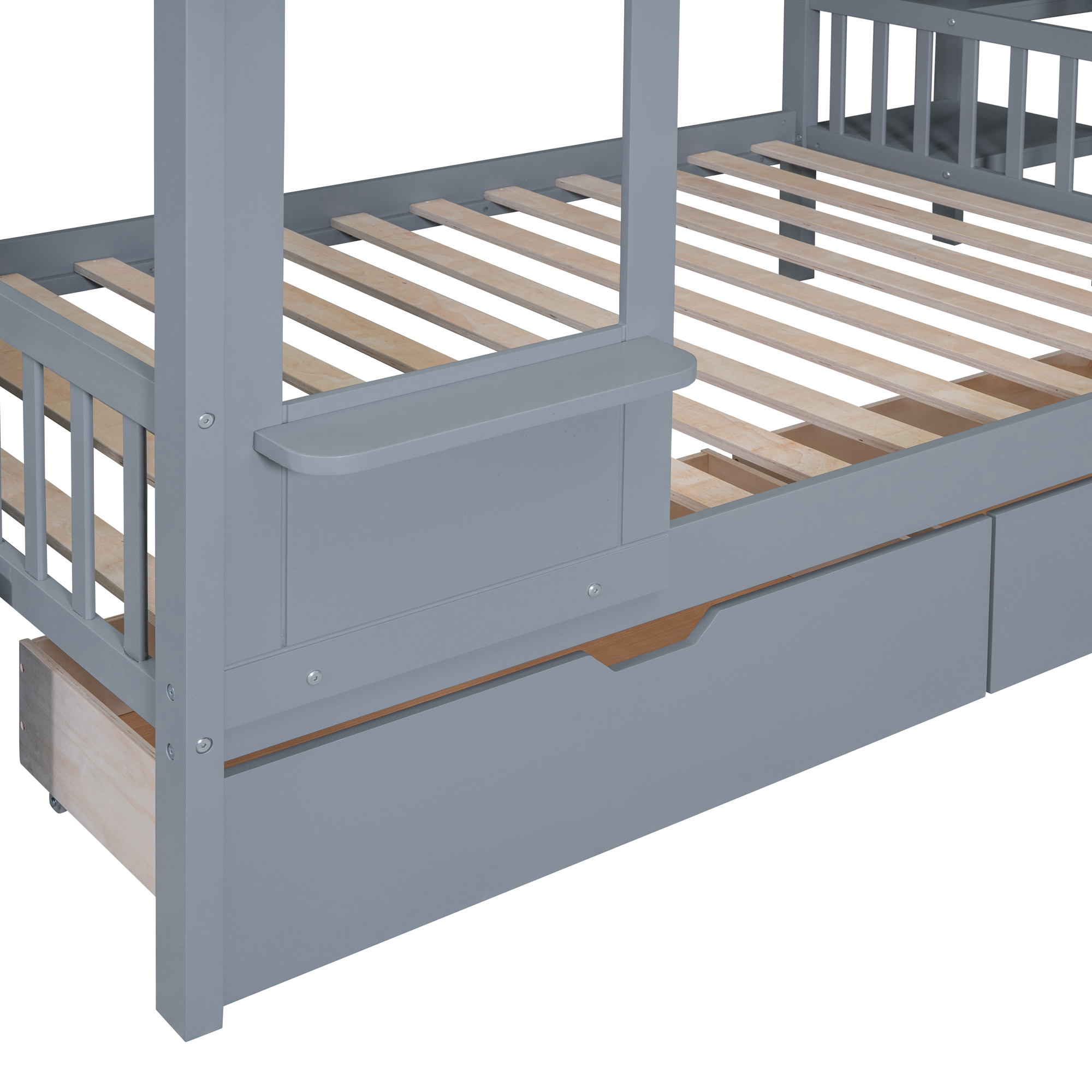 Full-Over-Full Castle Style Bunk Bed with 2 Drawers 3 Shelves and Slide - Gray