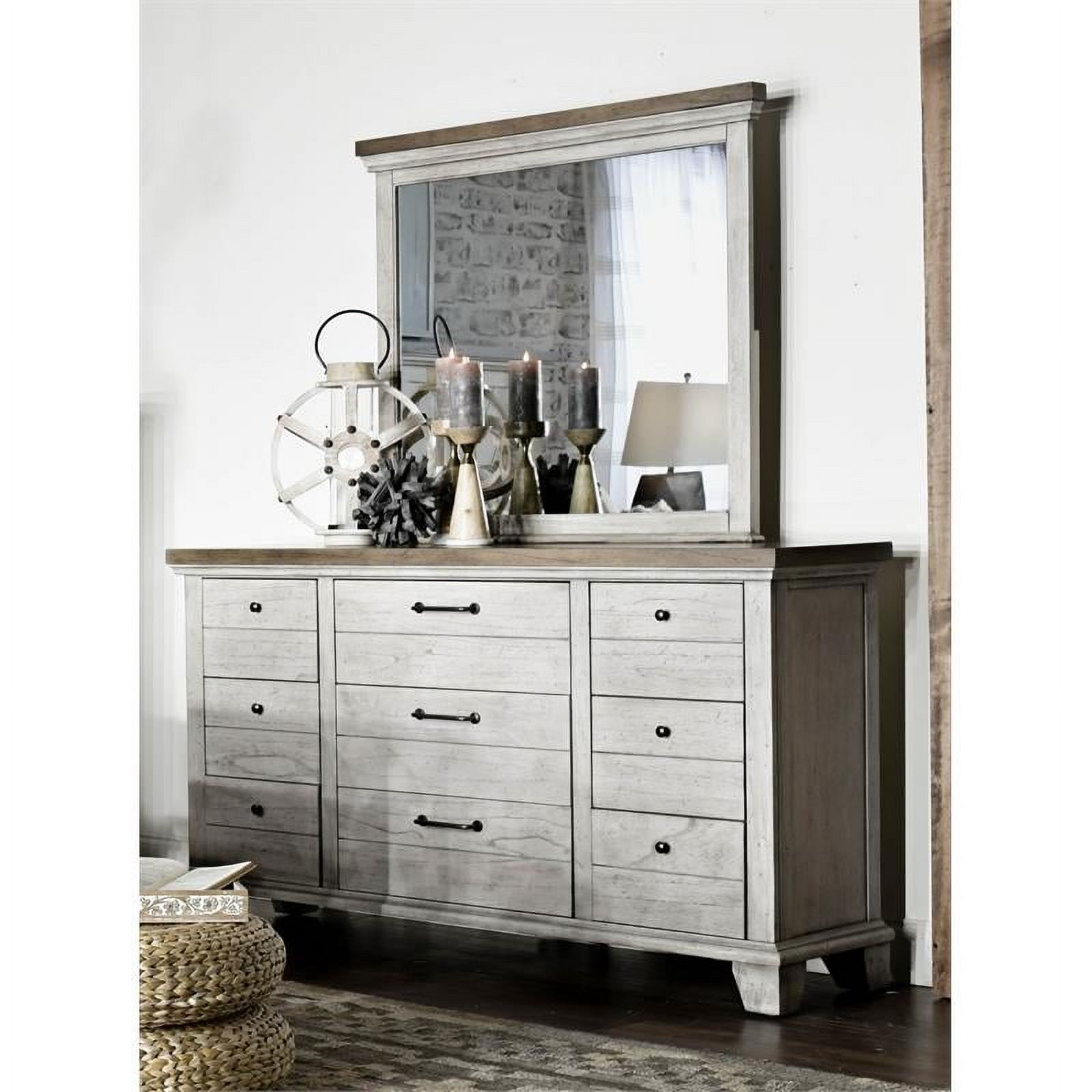 Bowery Hill Rustic Ivory Nine Drawer Dresser and Mirror Set