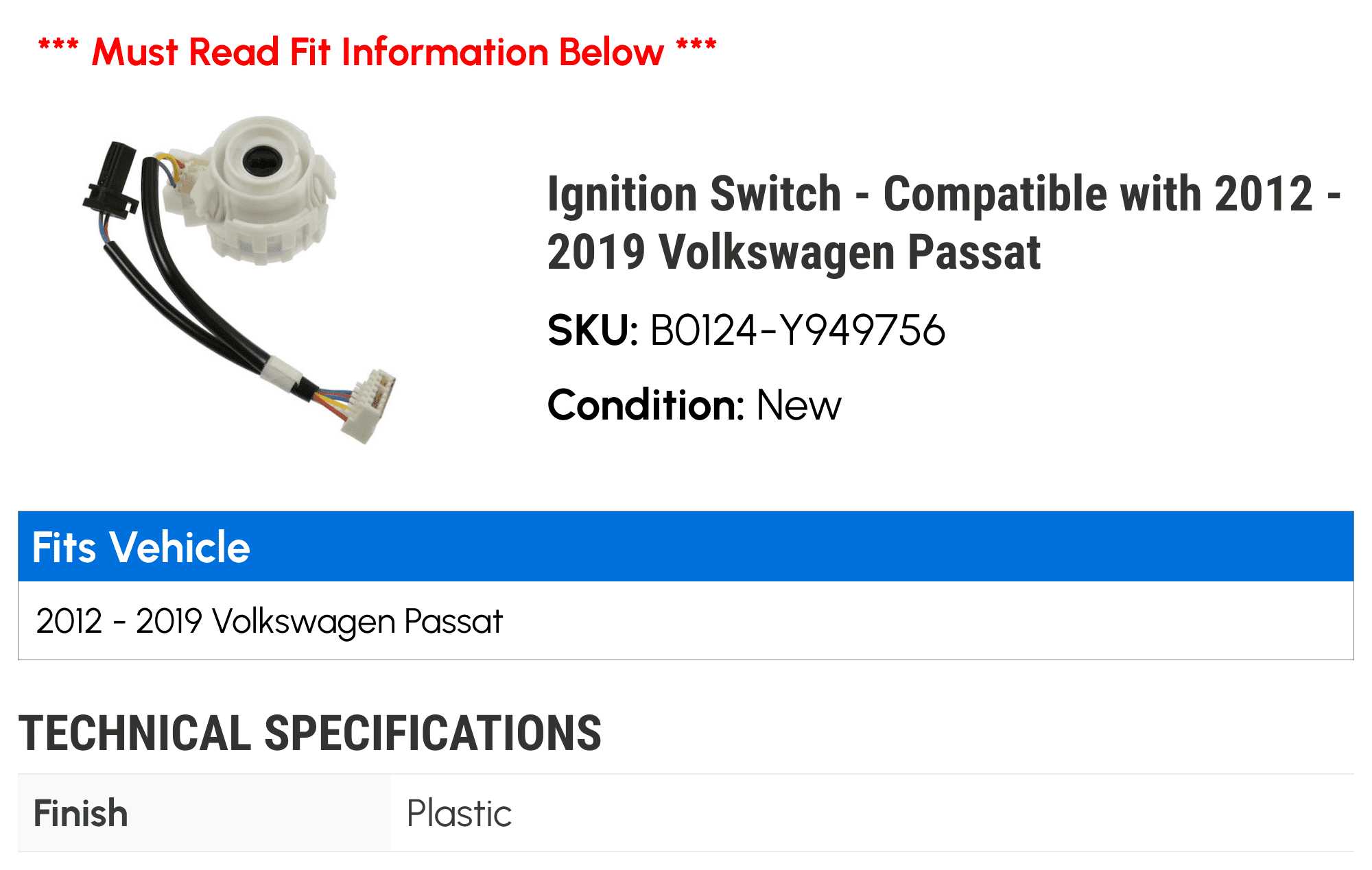 Ignition Switch - Compatible with 2012 - 2019 Volkswagen Passat 2013 2014 2015 2016 2017 2018