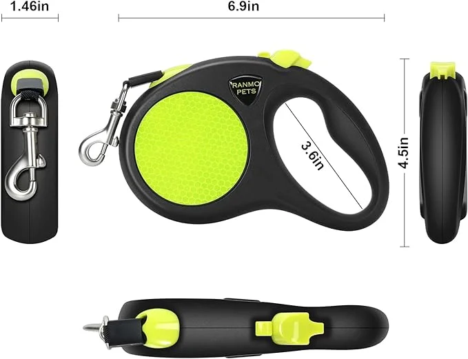 Dog Retractable Leash with Nylon casing for Dog up to 77 lbs; 16 ft Polyester Tape; The Eagle Mouth Bionics Design Rope Outlet and Tangle-Free; (Green), Medium