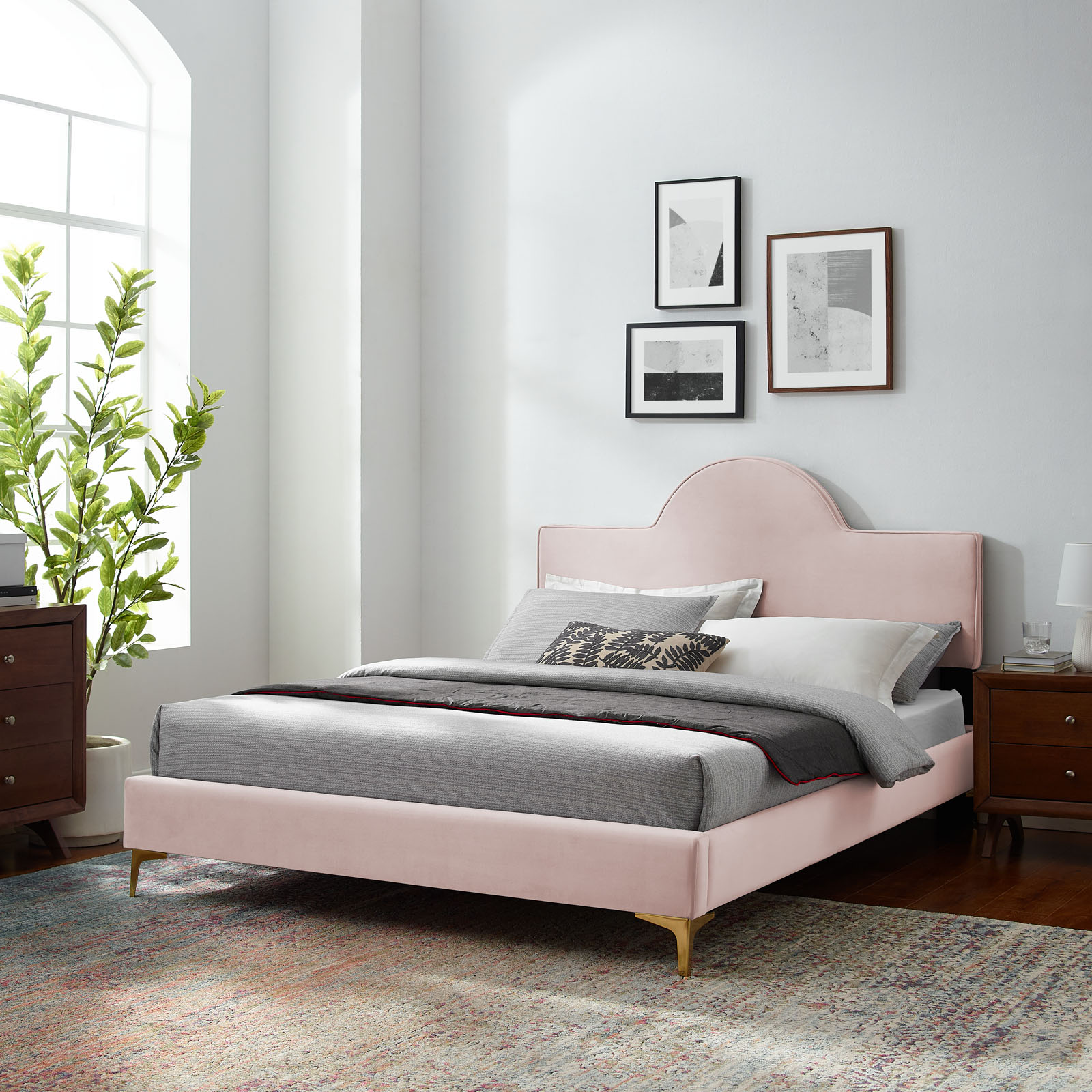 Modway Sunny Performance Velvet Queen Bed in Pink