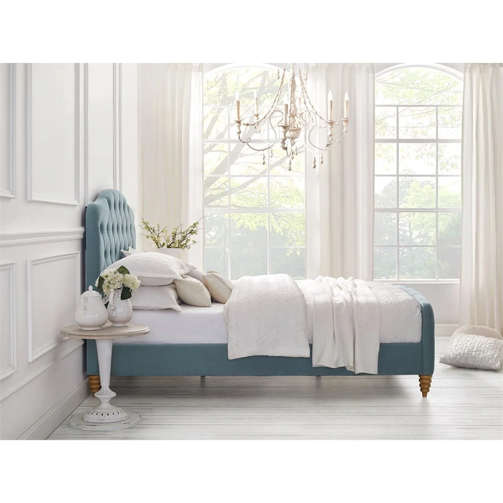 Calliope Bed Light Blue Velvet Queen Diamond Tufted Headboard and Footboard