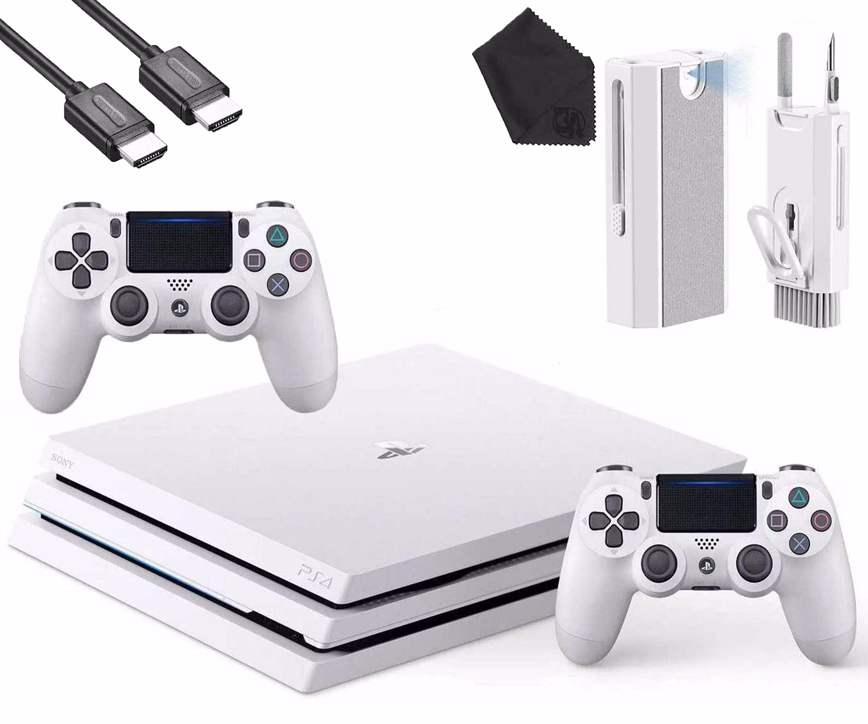 Sony PlayStation 4 Pro Glacier 1TB Gaming Console White, HDMI Cable 2 Controller With Cleaning Kit Like New