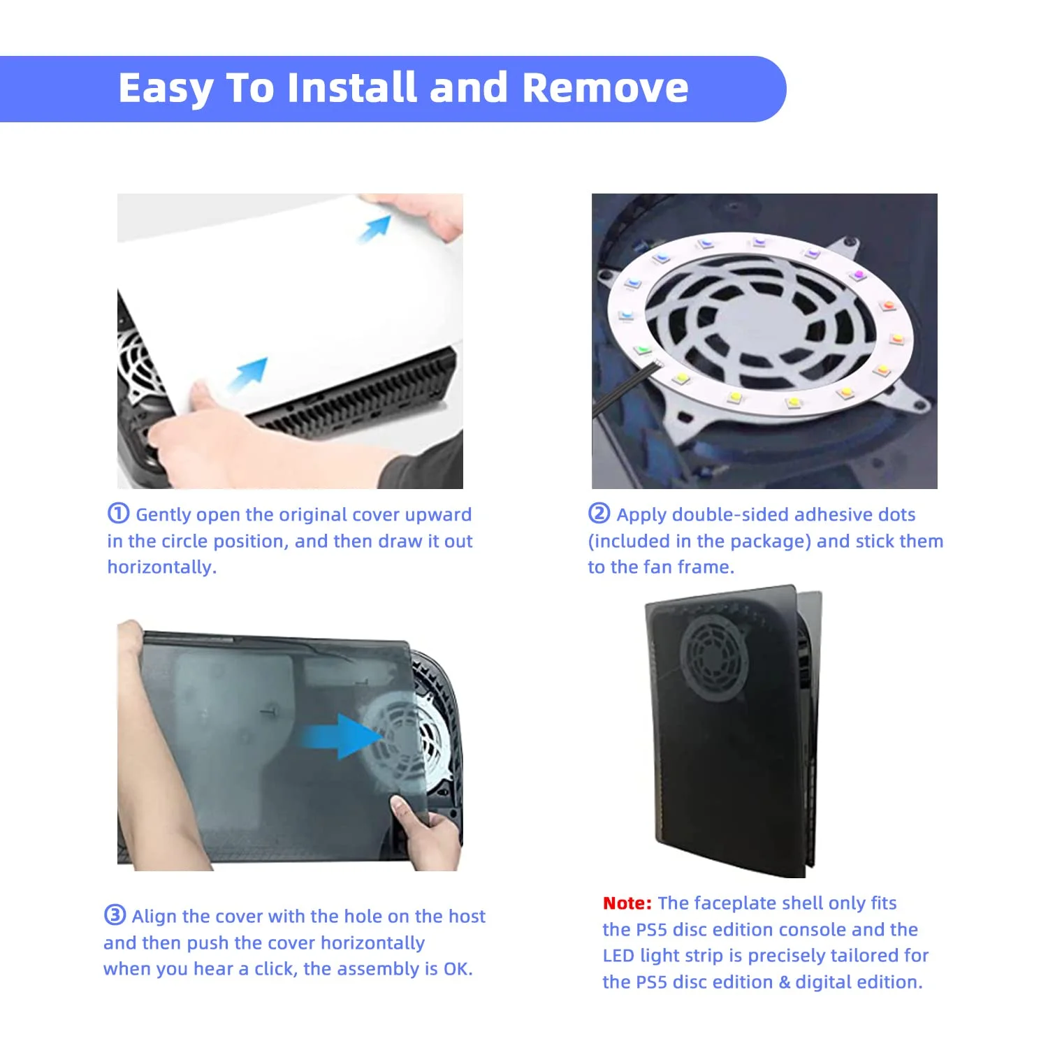 Mytrix PS5 Faceplate 2 in 1 Translucent Black Plates for PS5 Disc Edition + RGB LED Music Sync Light Strips Kit: Replacement Console Face Plate, Sound Sync Mode Lighting with 8 Colors 400+ DIY Effects