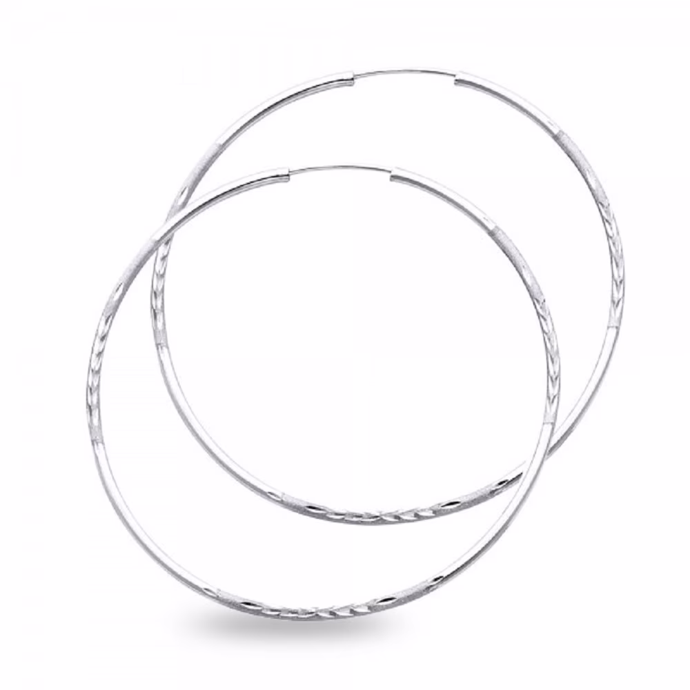 Solid 14k White Gold Endless Hoops Round Earrings Diamond Cut Polished Fancy Design 47 x 1.5 mm