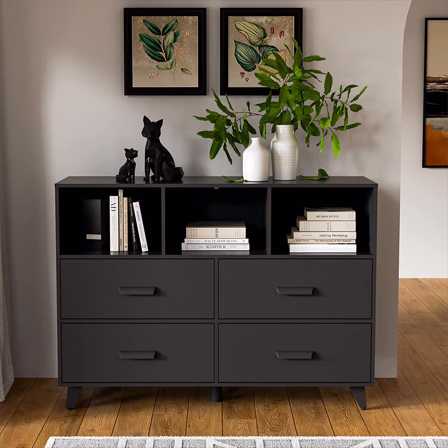 Popular Castle White Dresser for Bedroom  4 Drawers Chest with 3 Open Shelves  Wide Dresser Drawer Organizers for Kids Bedroom  Mid-Century Modern Dresser for Bedroom  Living Room  Entryw