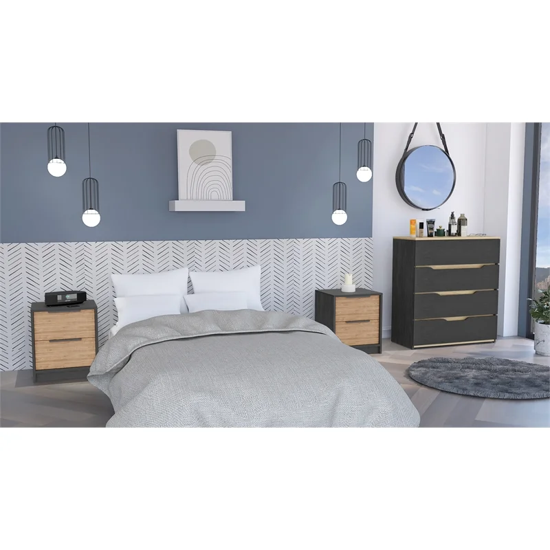 FM FURNITURE Blaine 3-Piece Bedroom Set with 2 Nightstands and Dresser, Black/Pine/Light Oak