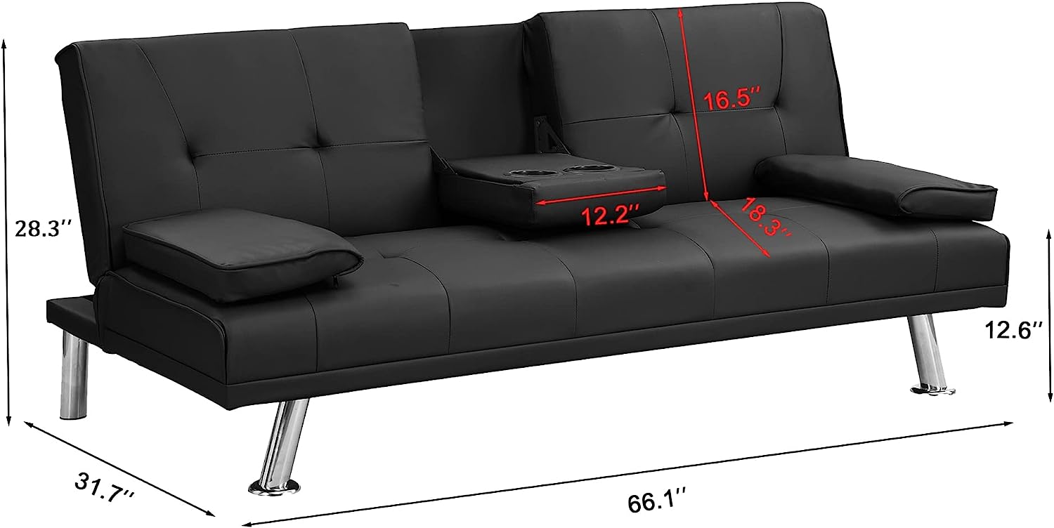 Hbaid Modern Faux Leather Couch Convertible Folding Futon Sofa Bed with 2 Cup Holders, Black