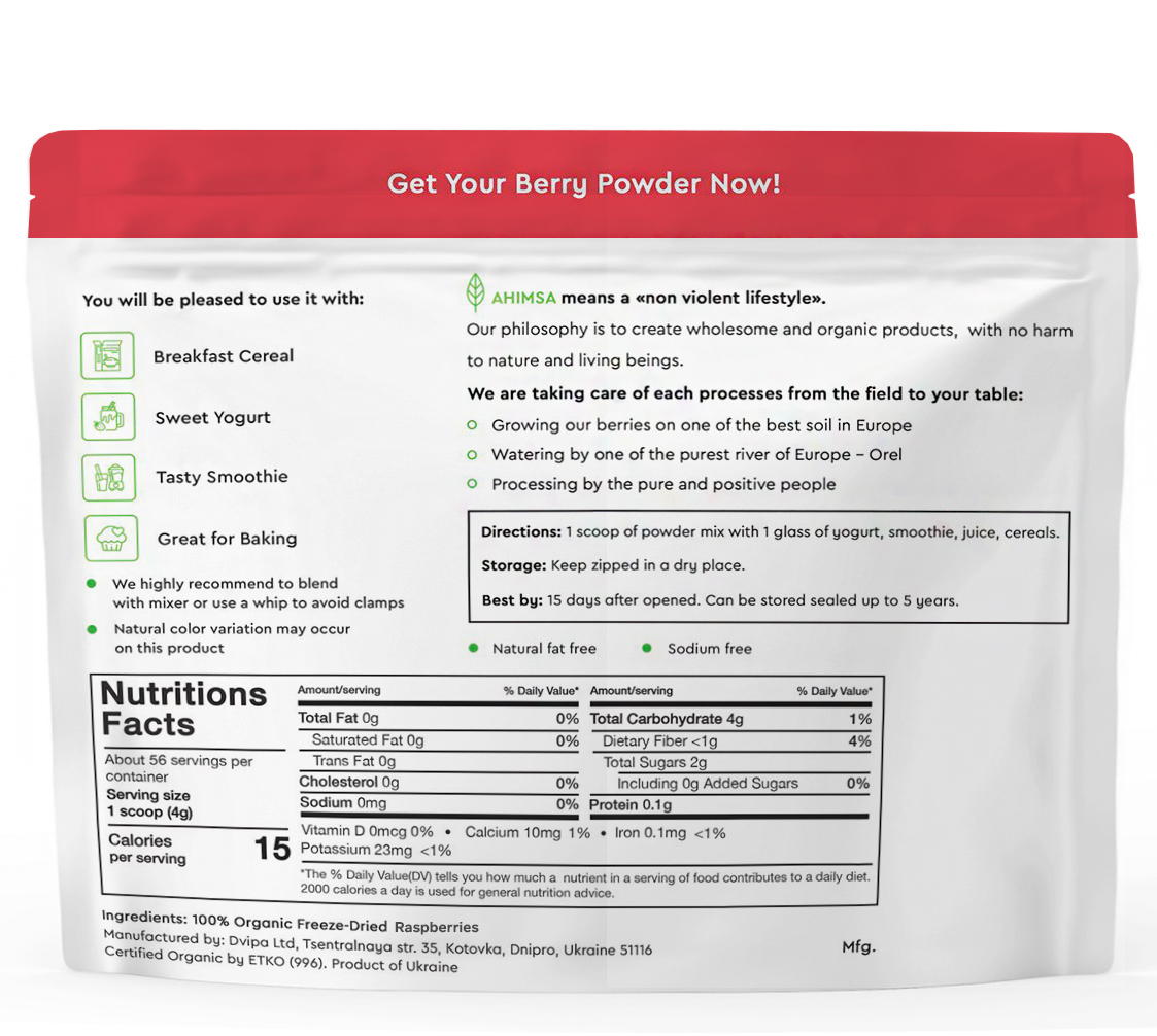 Ahimsa, Organic Freeze Dried Raspberry Powder, USDA Certified, for Smoothie and Backing, 8 OZ