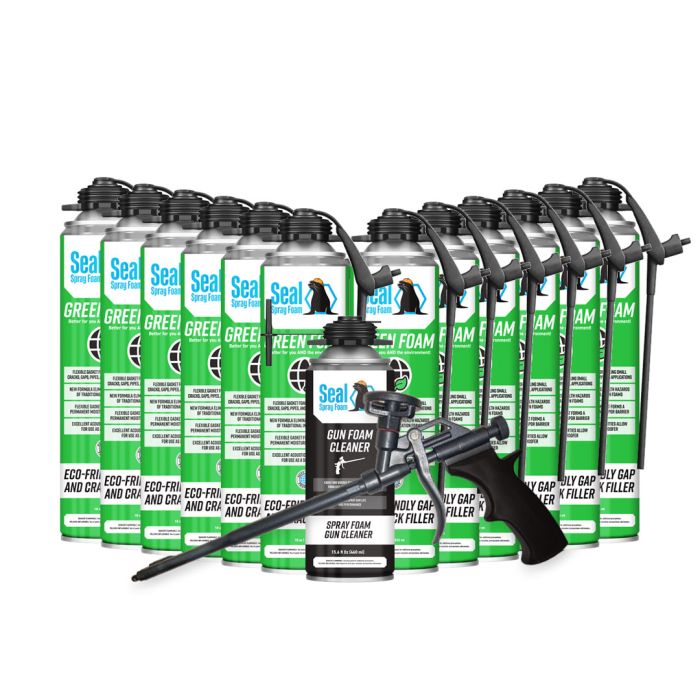 Seal Spray Green Foam SEALG12GC: Eco-Friendly, Flexible Curing, Gasket Foam for Gaps and Cracks - Pack of 12 Cans, Gun, and Cleaner