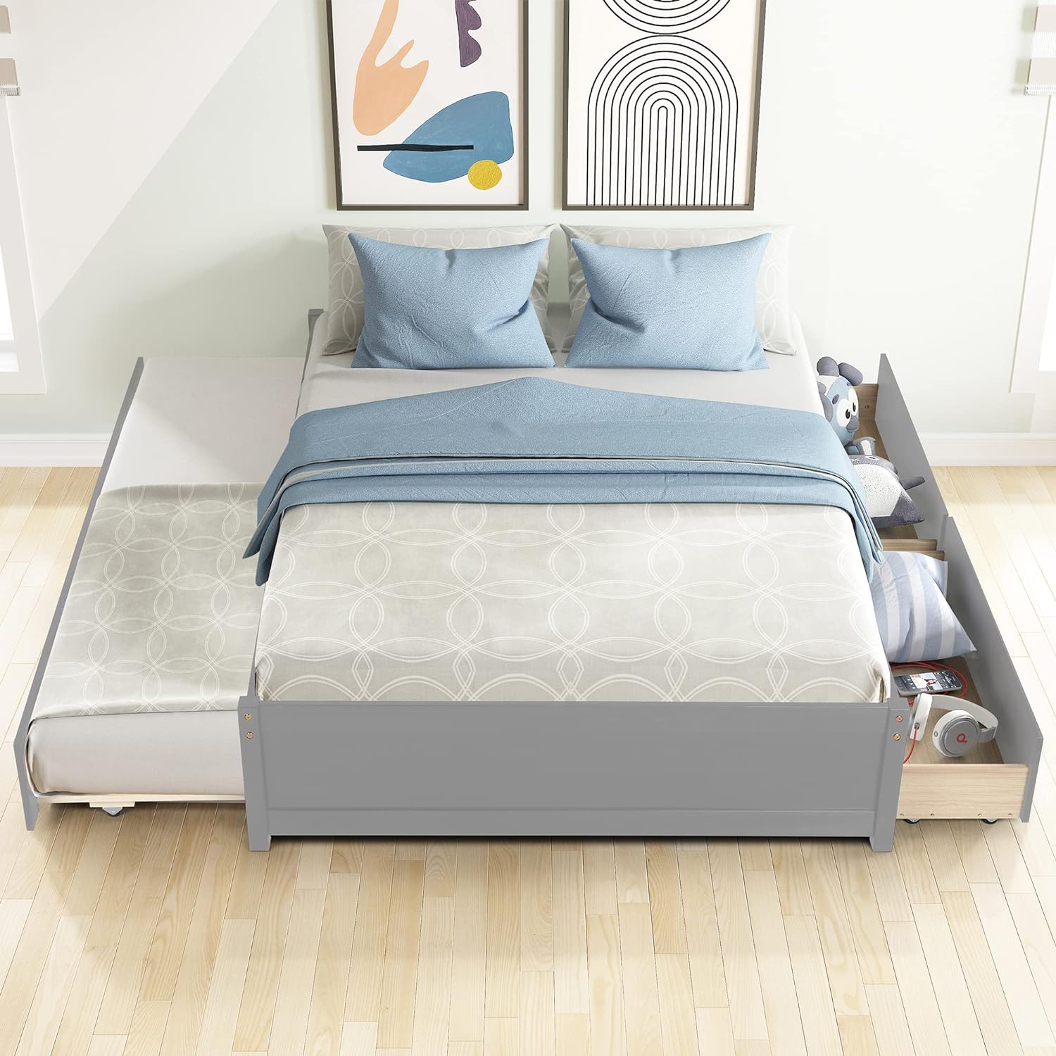 Wood Platform Bed Frame, Full Bed With Trundle And Drawers, Trundle Platform Bed Full Size, Captain Bed With Pull Out Trundle And Storage For Kids Teens And Adults Grey