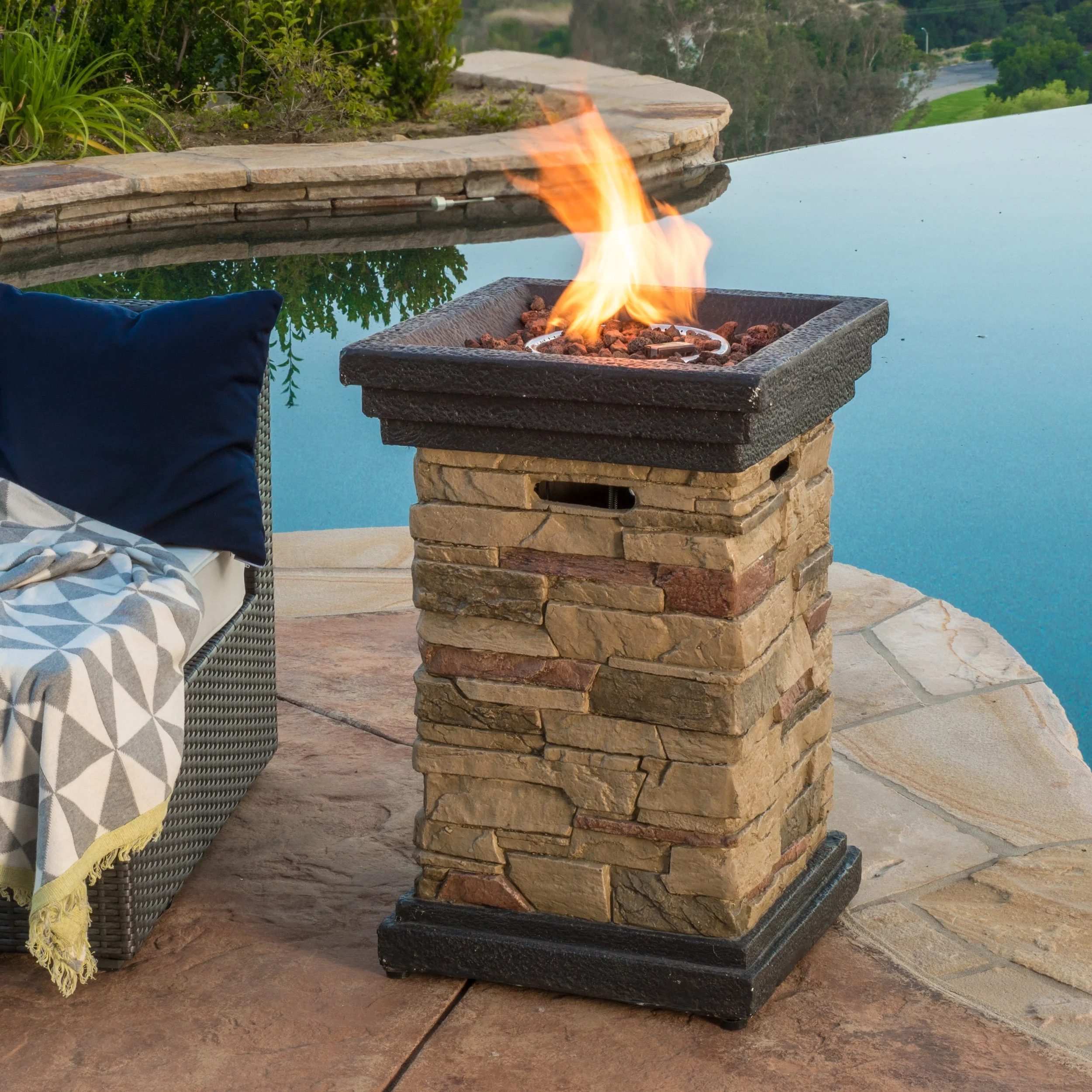 Troy Square Column Fire Pit in Natural Stone with Lava Rocks