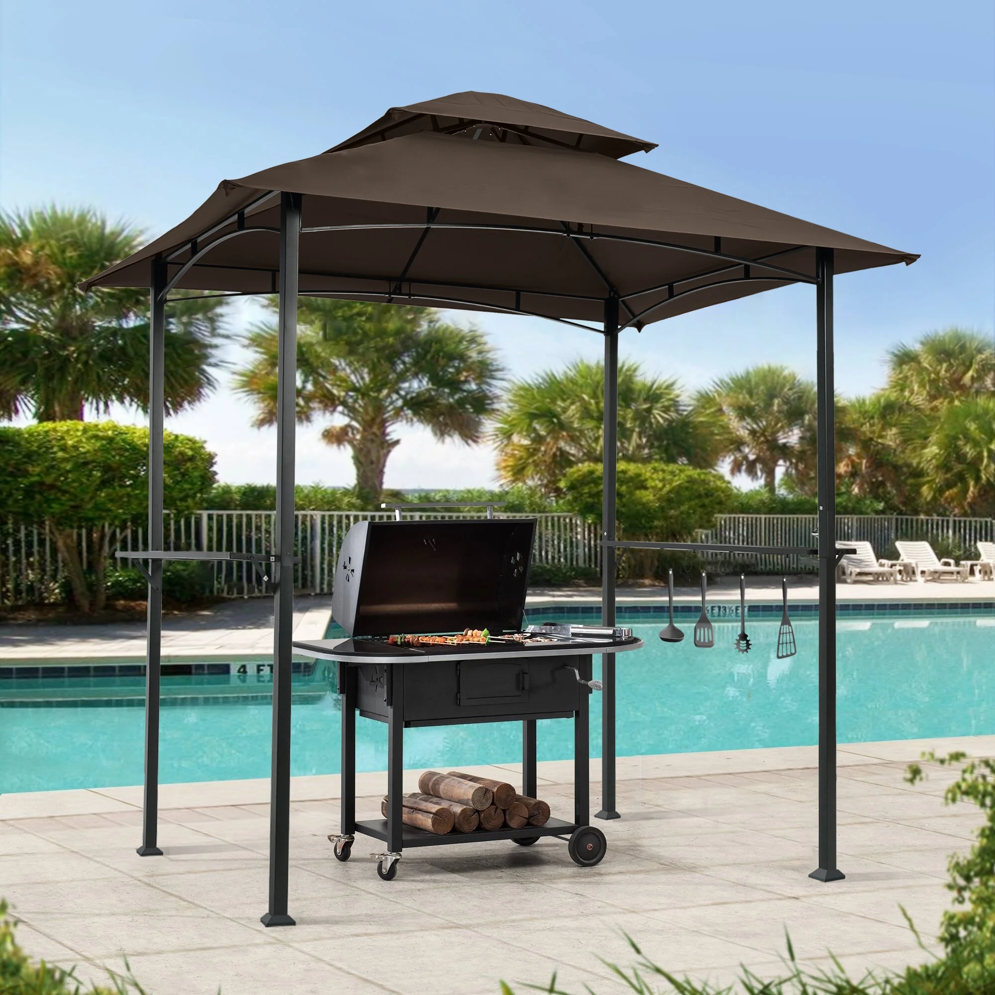 LYPER Outdoor Grill Gazebo 8 x 5 Ft, Shelter Tent, Double Tier Soft Top Canopy and Steel Frame with hook and Bar Counters, -Brown