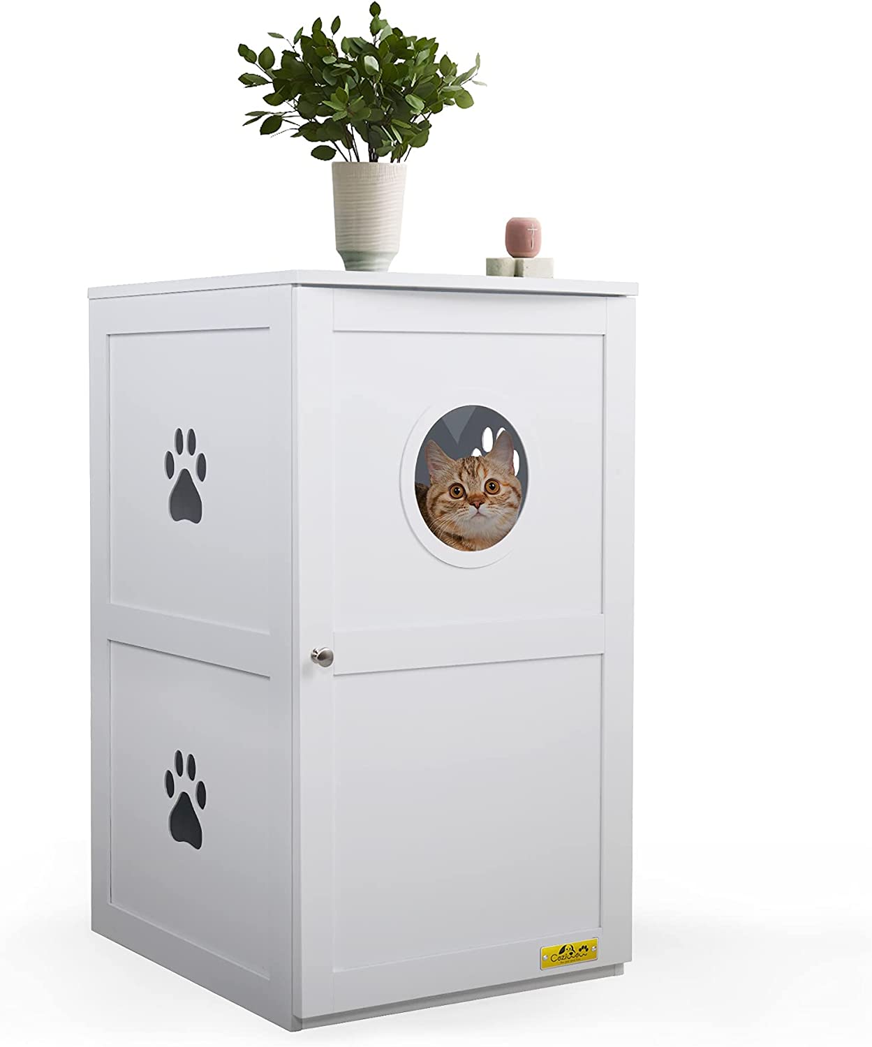 Vivifying 2-Tier Functional Wood Cat Washroom Litter Box Cover with Multiple Vents, a Round Entrance, Openable Door, White