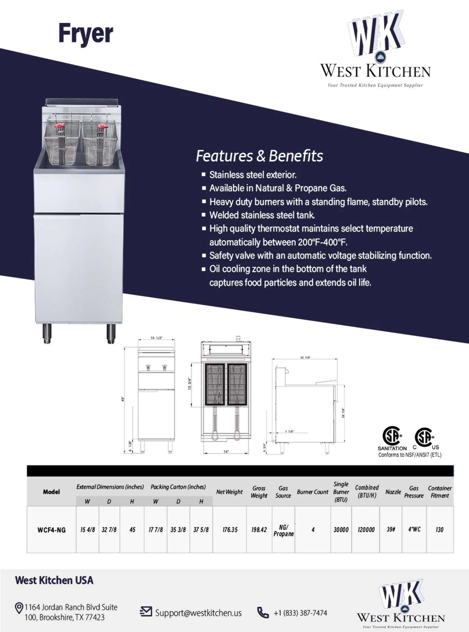West Kitchen WCF4-LPG 50lb. LP Gas Deep Fryer with 4 Tube Burners